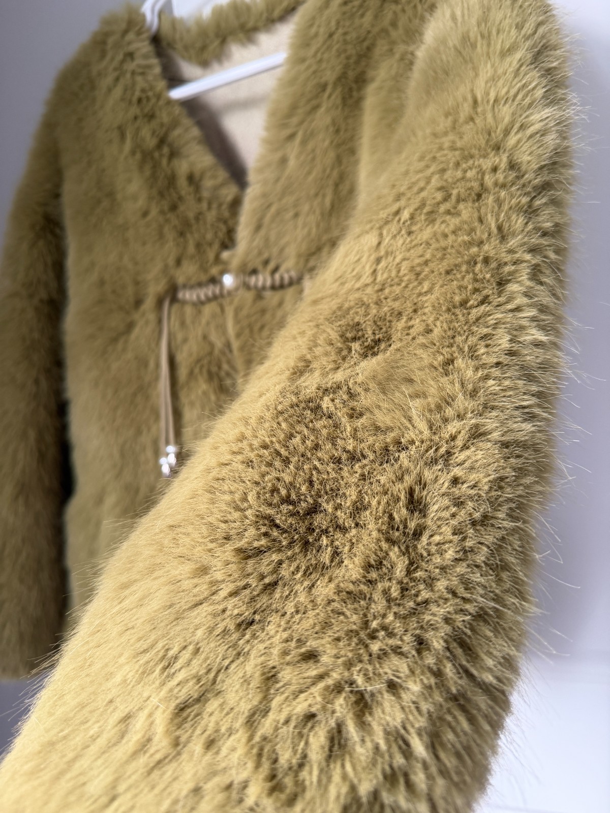 Women’s Olive Green Faux Fur Jacket Toggle Closure Long Winter Warm Coat