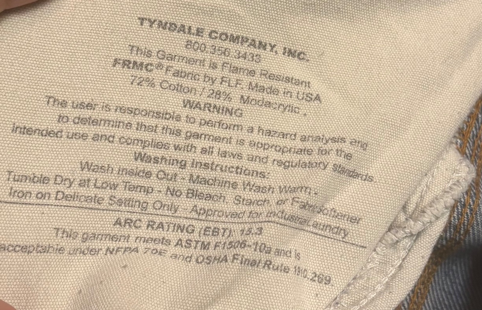 Tyndale FR Jeans Mens 38×30 Blue Denim Carpenter Arc Rated CAT 2 F290T READ