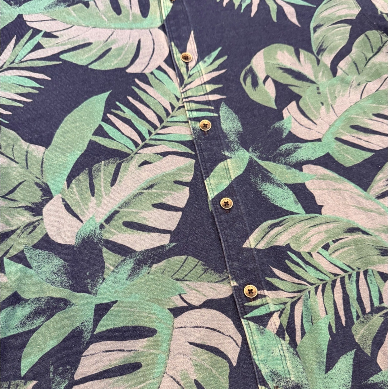 Tommy Bahama Mens Large Blue Green Palm Leaf Print Cotton Short Sleeve Shirt
