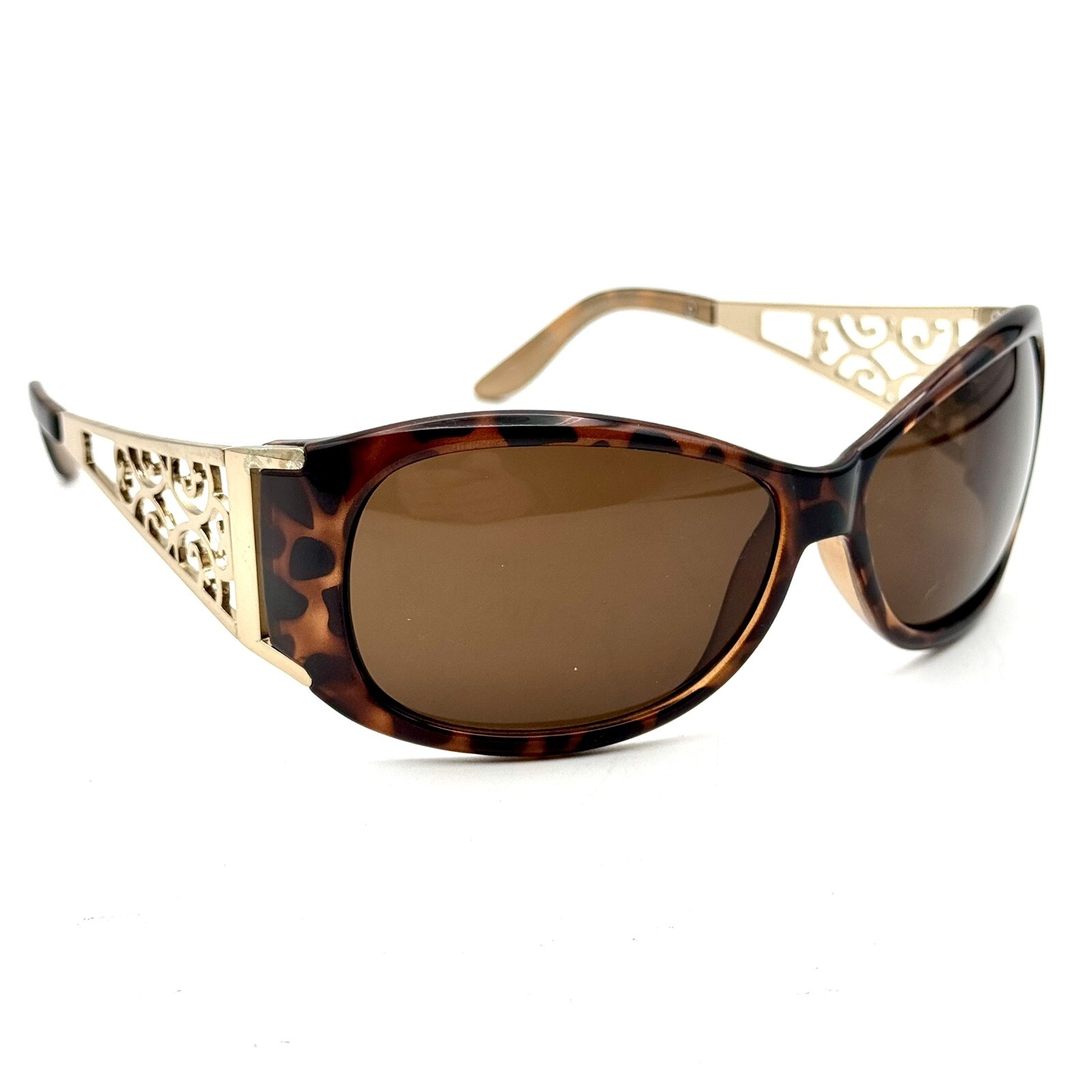 Fashion Oval Sunglasses Brown Tortoise Shell & Designer Ornate Frame Gold Metal