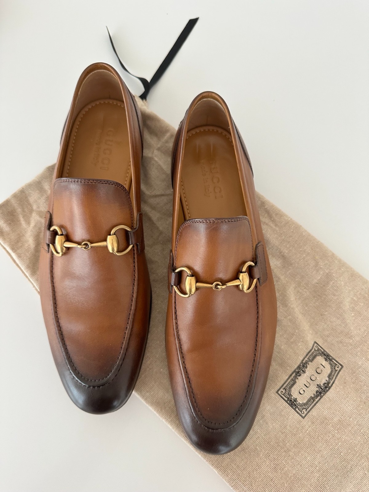 Gucci Jordaan Horsebit Loafers Brown Burnished Leather Men’s Dress Shoes Size 8