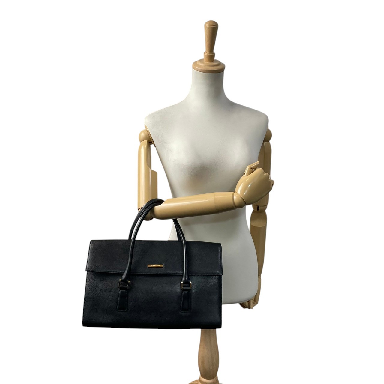 Authentic BURBERRY Saffiano Leather Flap Handbag Black Nova Check Vintage