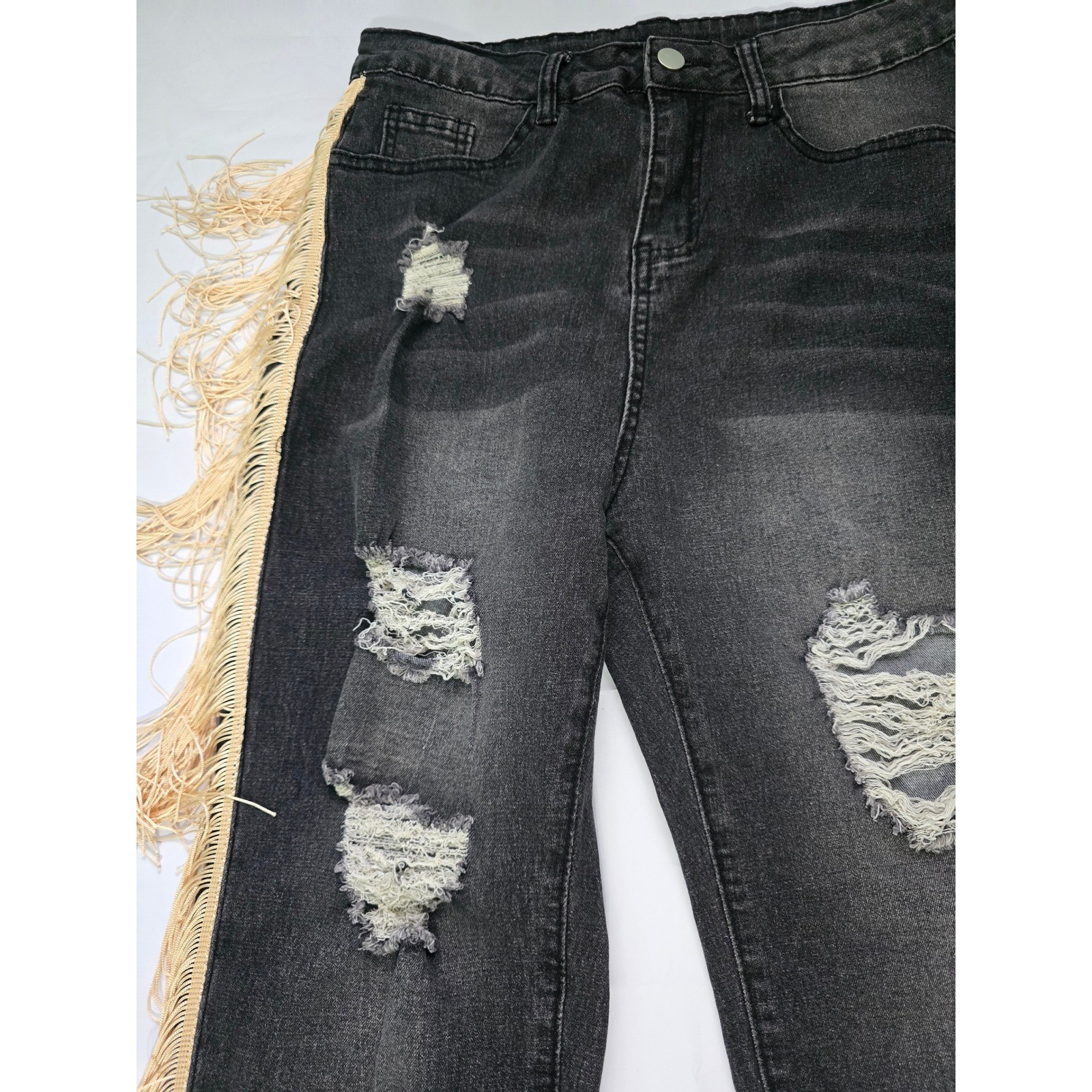 Shein Distressed Fringe Side Trim Jeans Black High Waisted Boho Ripped Denim M