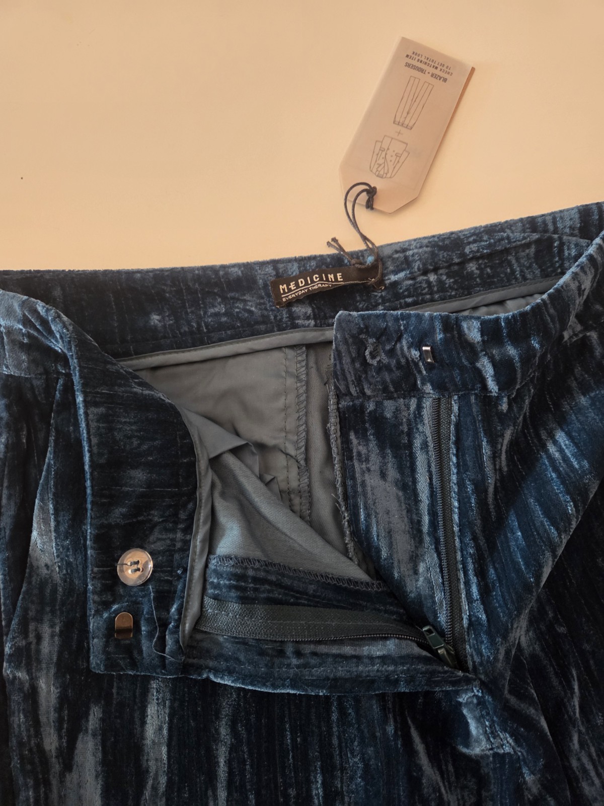 Medicine Everyday Therapy Teal Blue Crushed Velvet Wide Leg Trousers