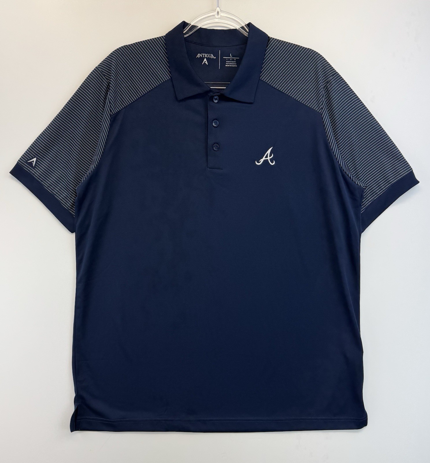 Atlanta Braves MLB Baseball Antigua Performance Polo Blue Striped Shirt Mens L