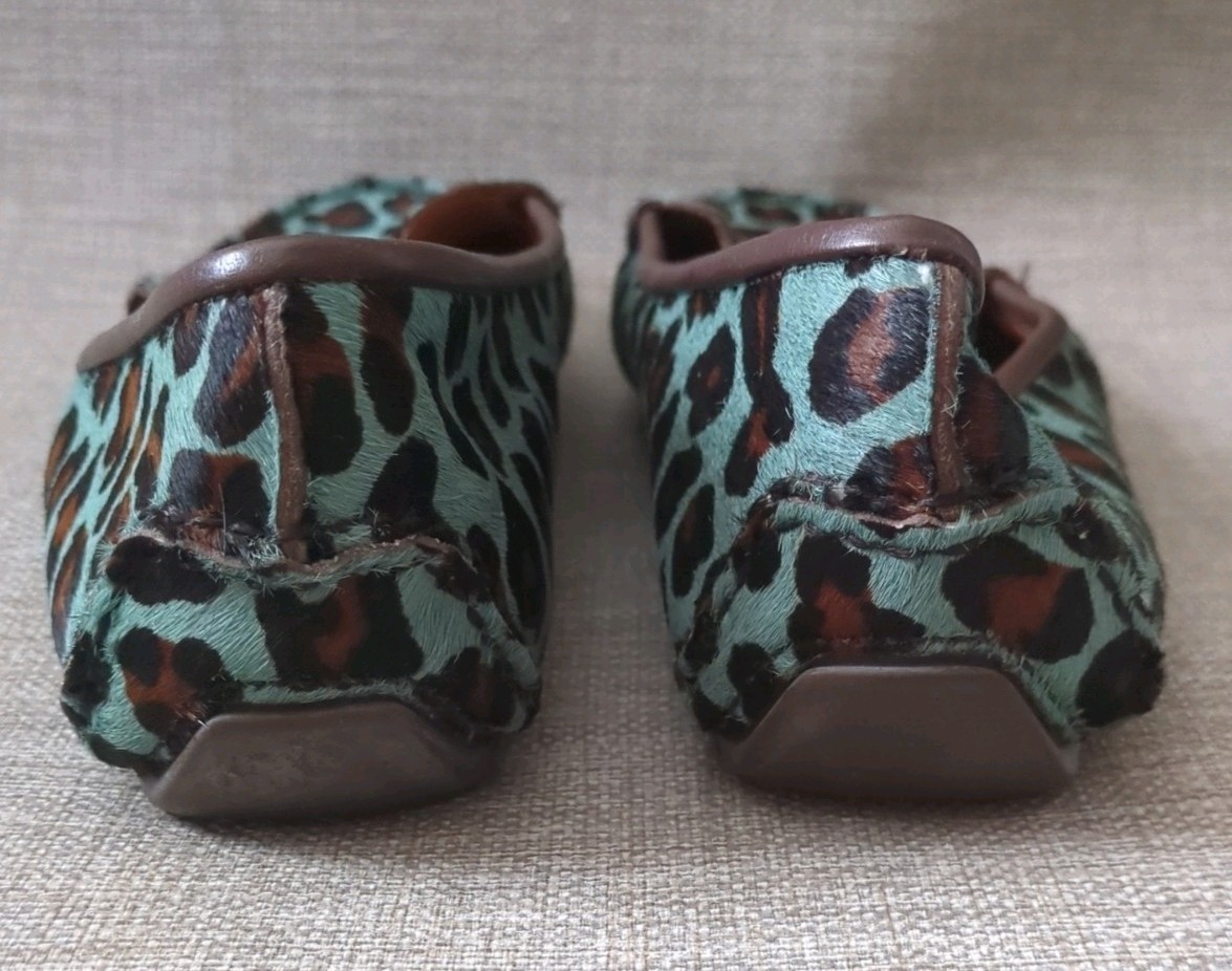 Patricia Green Jillian Driving Moccasin Teal Leopard Calf Hair Size 9.5W NEW