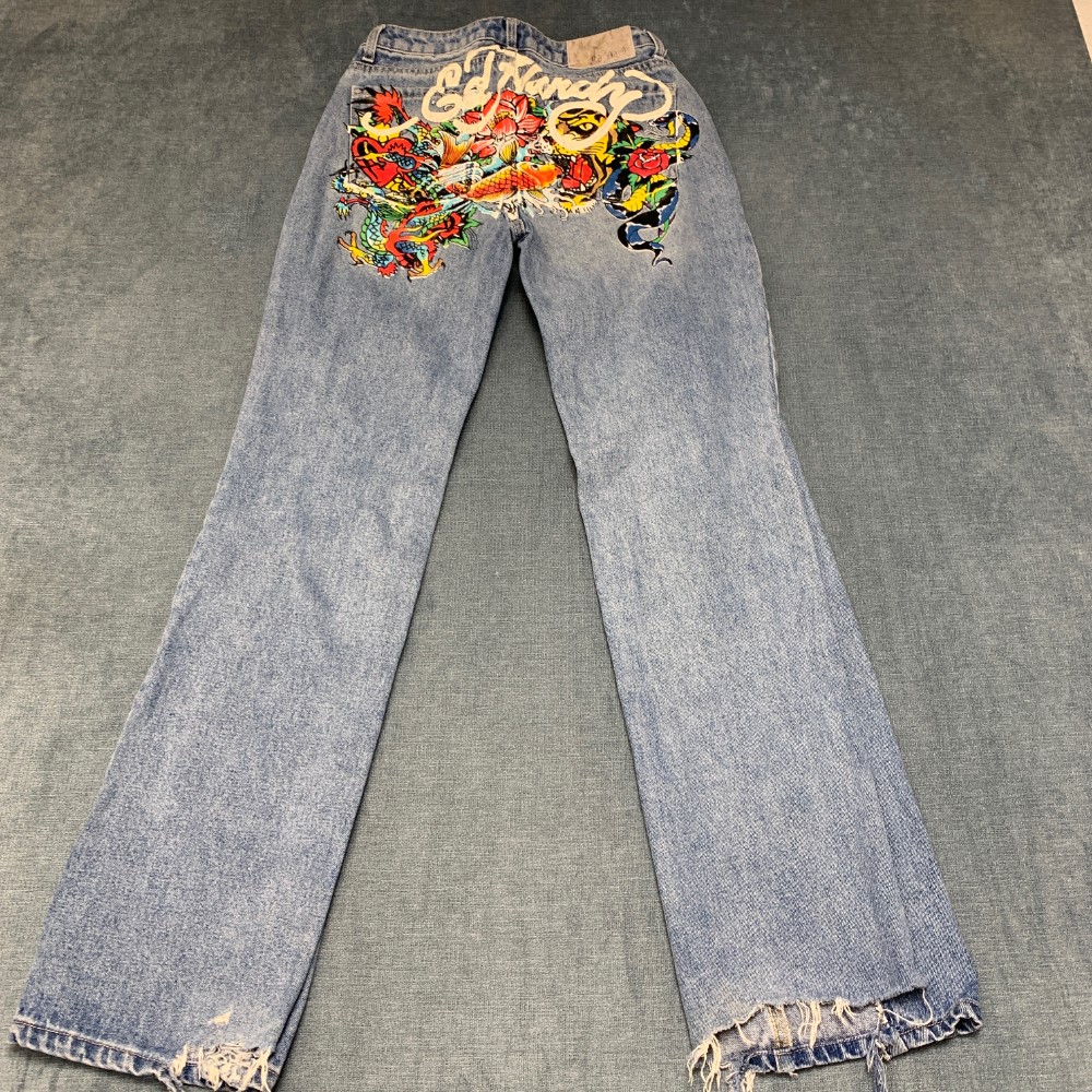 Ed Hardy Multi Tattoo Jeans Womens 26 Blue Denim Light Wash Mid Rise Pockets