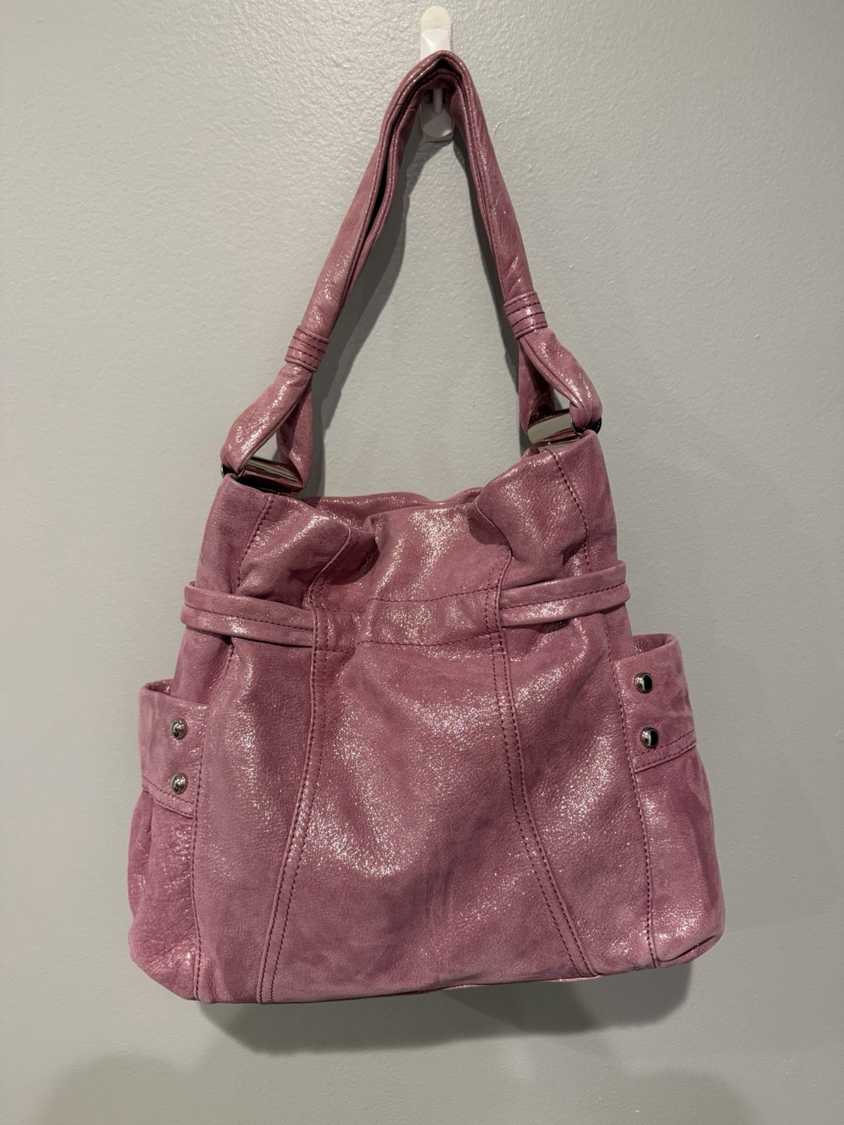 B. Makowsky Pink Shimmer Metallic Leather Hobo Shoulder Bag Y2K Vintage