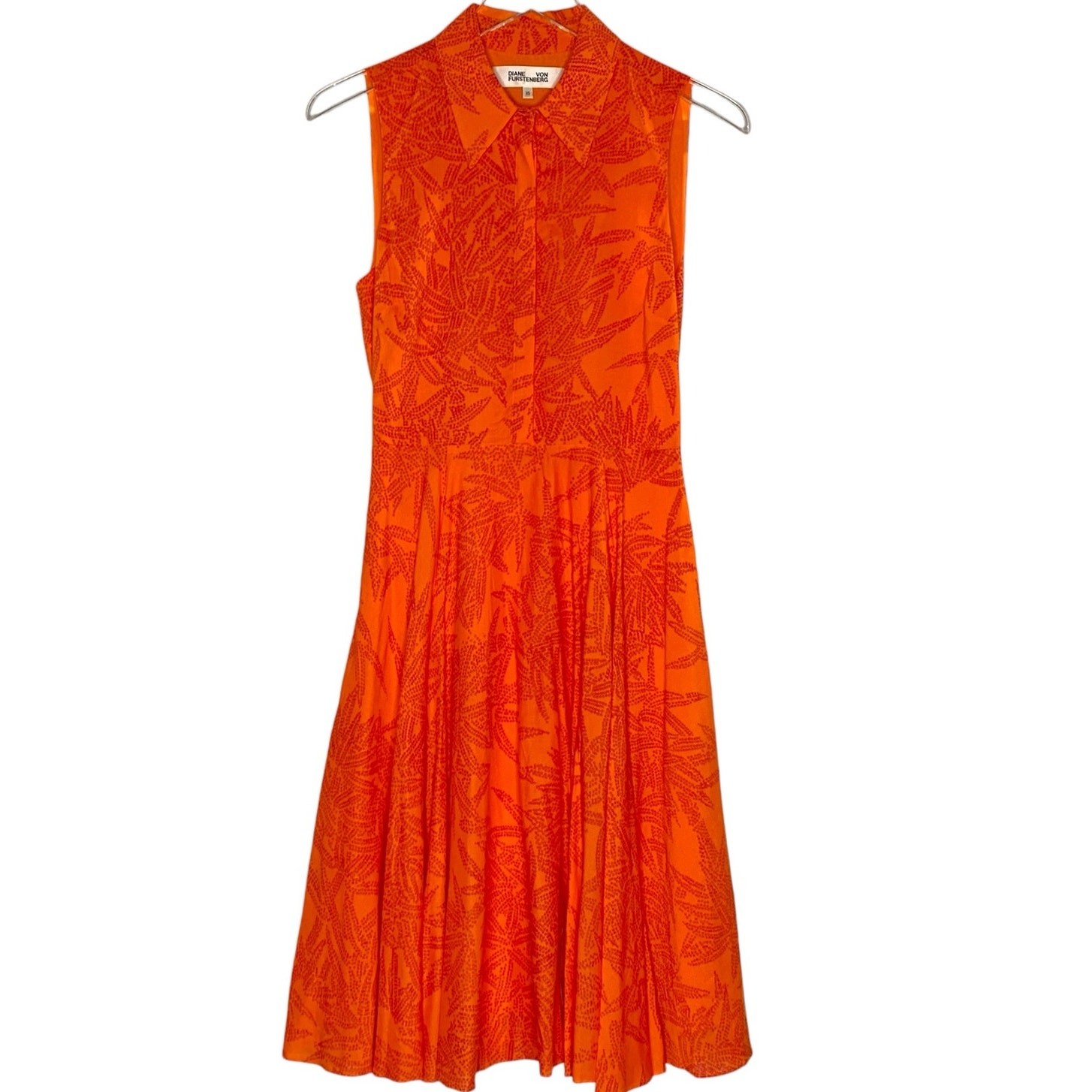 Diane von Furstenberg XS Orange Silk Midi Fit Flare Print Dress Sleeveless *flaw