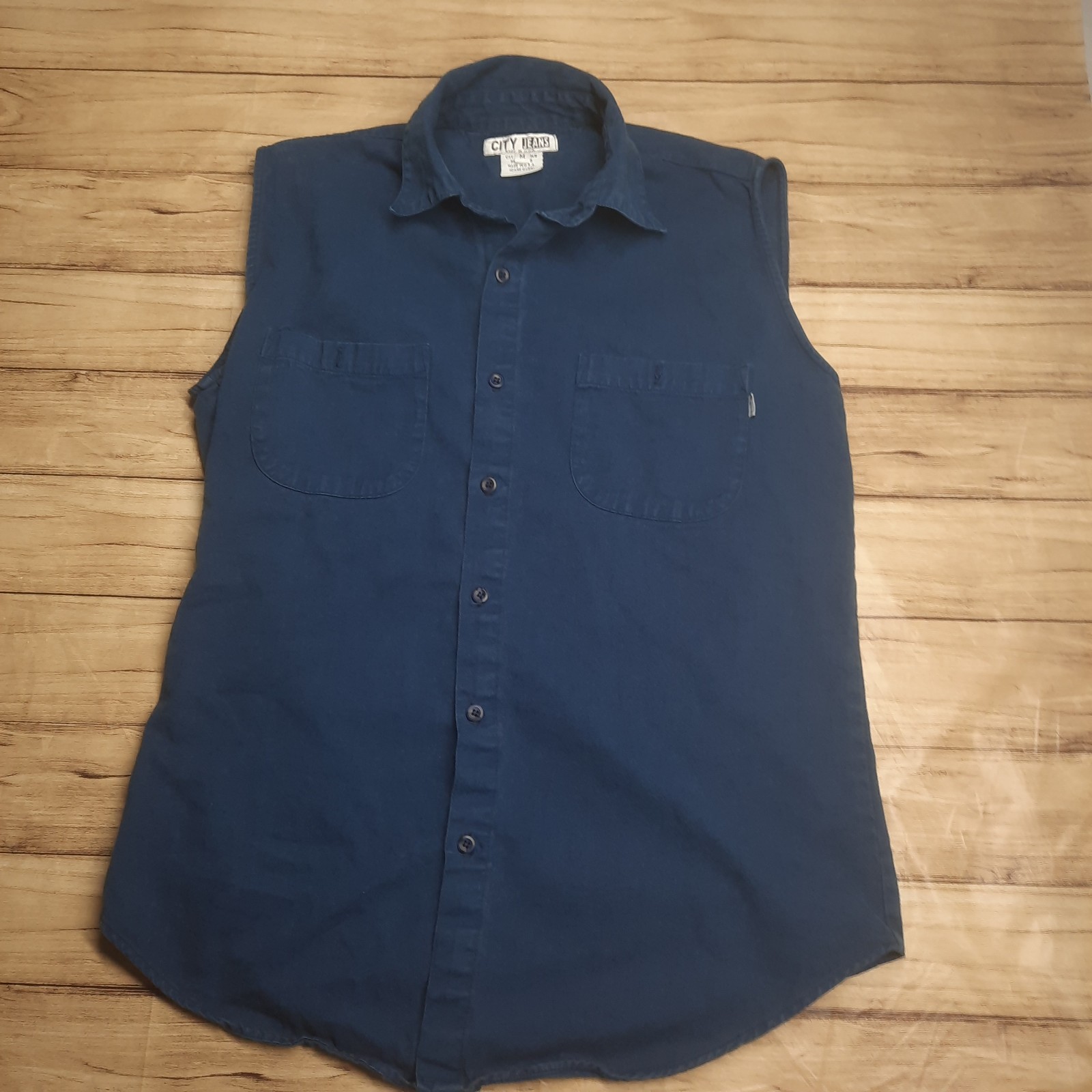 City Jeans Men’s Blue Biker Style Shirt Sleeveless USA Vtg Style Medium READ