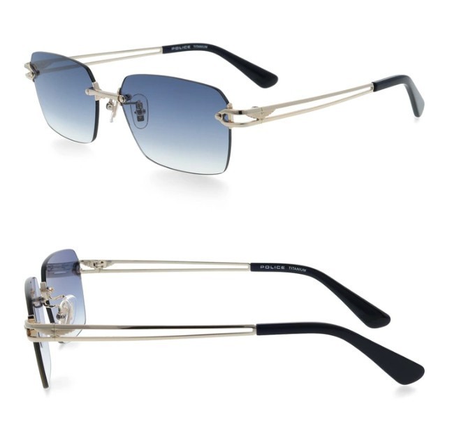 POLICE Sunglasses SPLT68J 0300 Rimless Asian Fit Titanium Shiny Gold Navy
