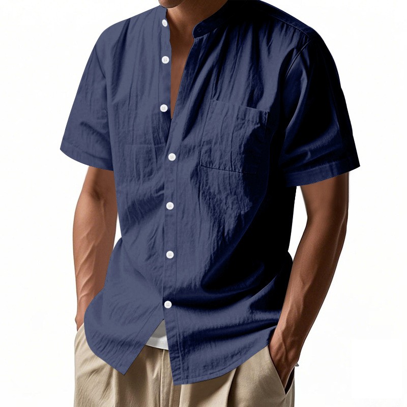Summer Solid Stand Collar Pocket Loose Casual Shirt Tee