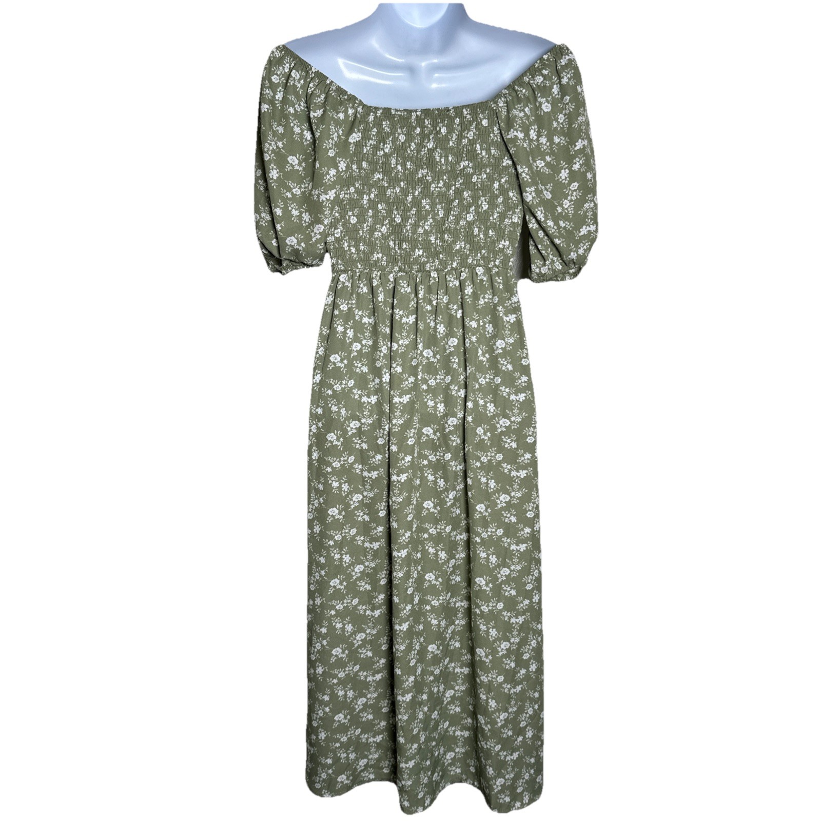 Hesperus Woman’s Small Ditsy Floral Green Midi Dress Cottagecore Puff Sleeve