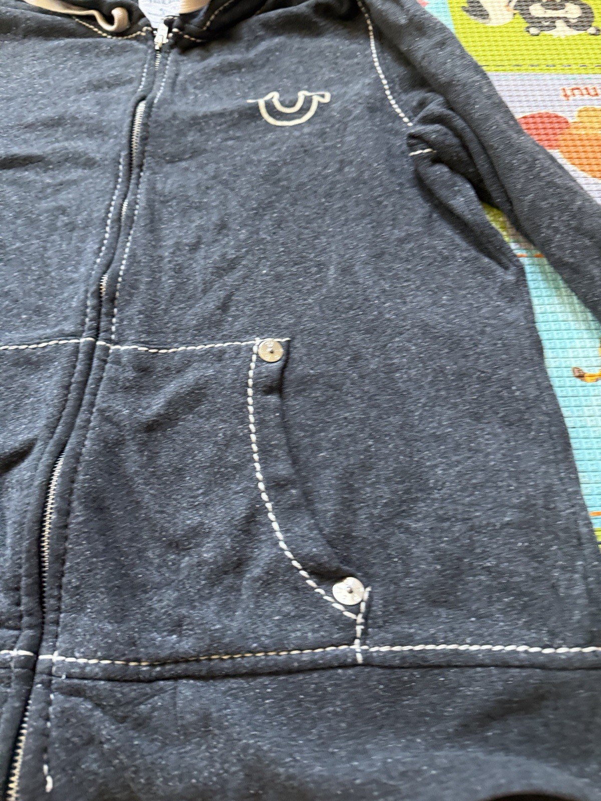 True Religion Men Gray Zip Up Jacket Hoodie Sz XL Buddha Logo Contrast Stitching