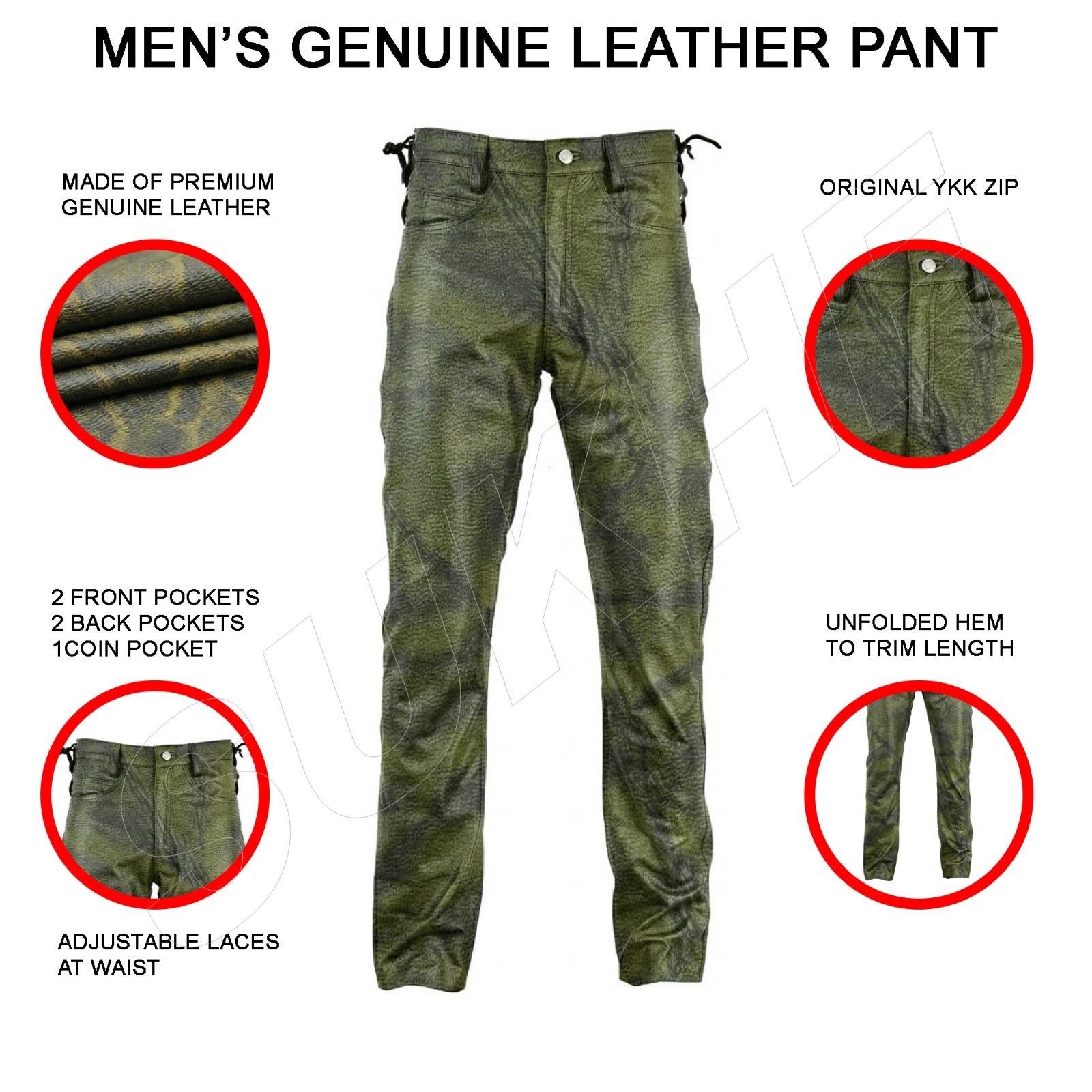 Hand Waxed Green Black Camouflage Look Men’s Cowhide Leather Pant Laces Pants