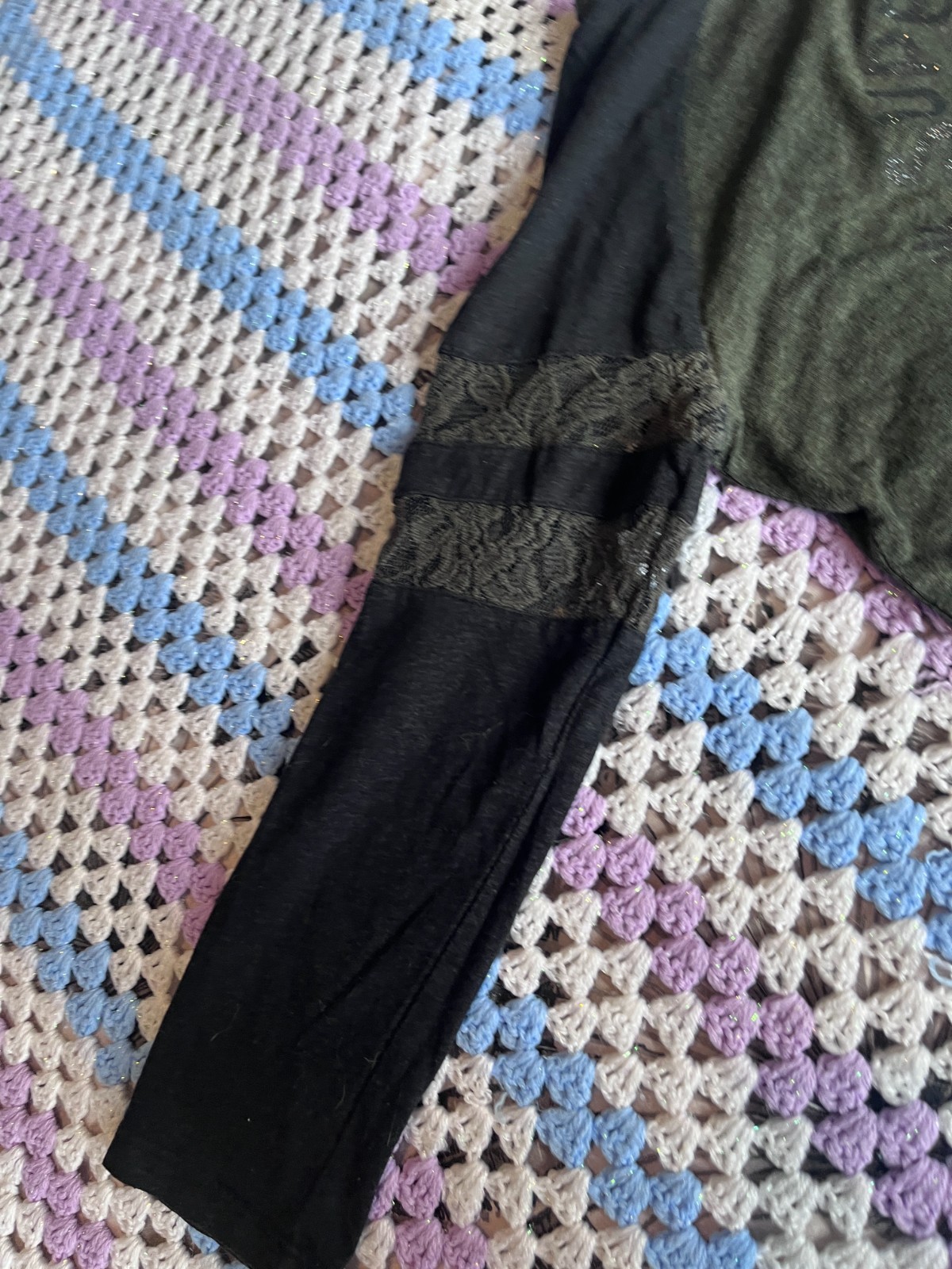 SUPERDRY DARK GREEN AND BLACK LONG SLEEVED TOP WITH LACE CUT OUTS