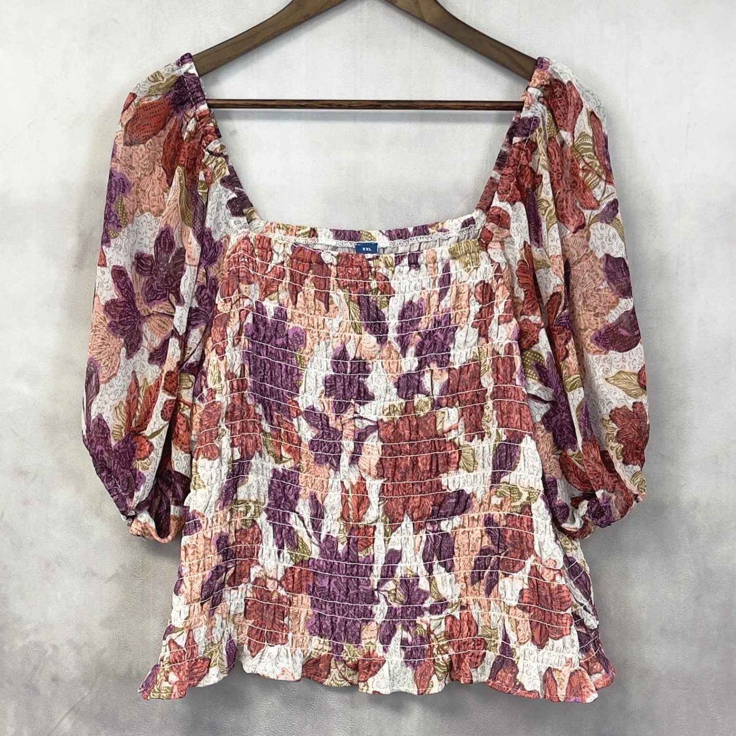 Old Navy Smocked Puff Sleeve Floral Top Women XXL Stretch Flowy Cottage Boho