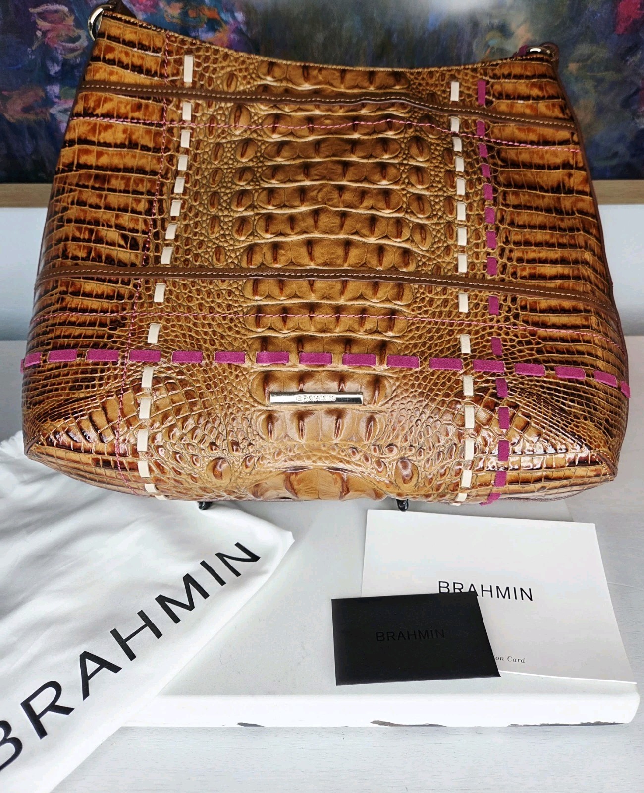 Brahmin Farrah Tote Toasted Almond Brown Woven Leather Bag Pink Whipstitch NWT