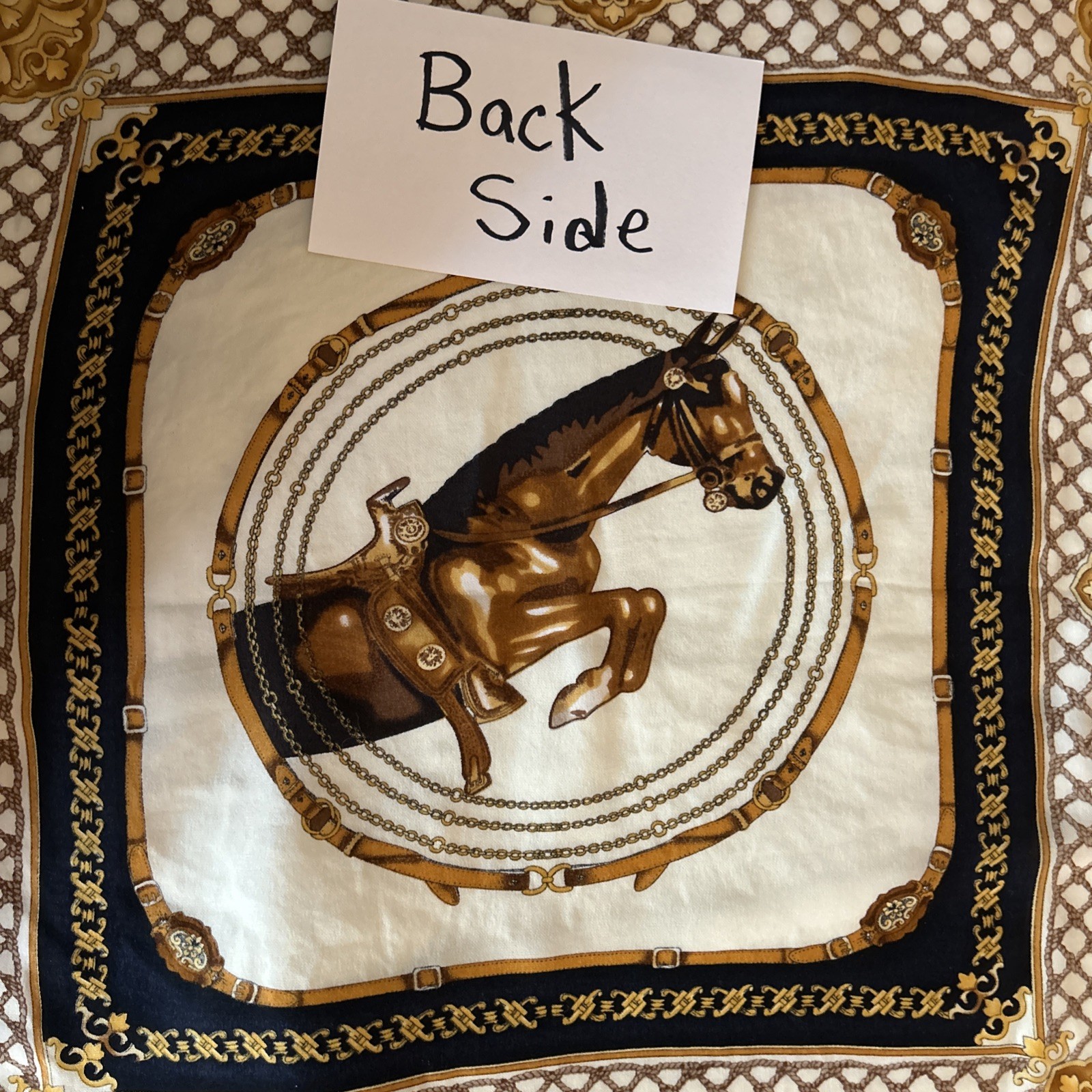 Scarf 100% Silk Gold Navy Blue And Beige Equestrian Scarf 20 Inches By 20 Inches