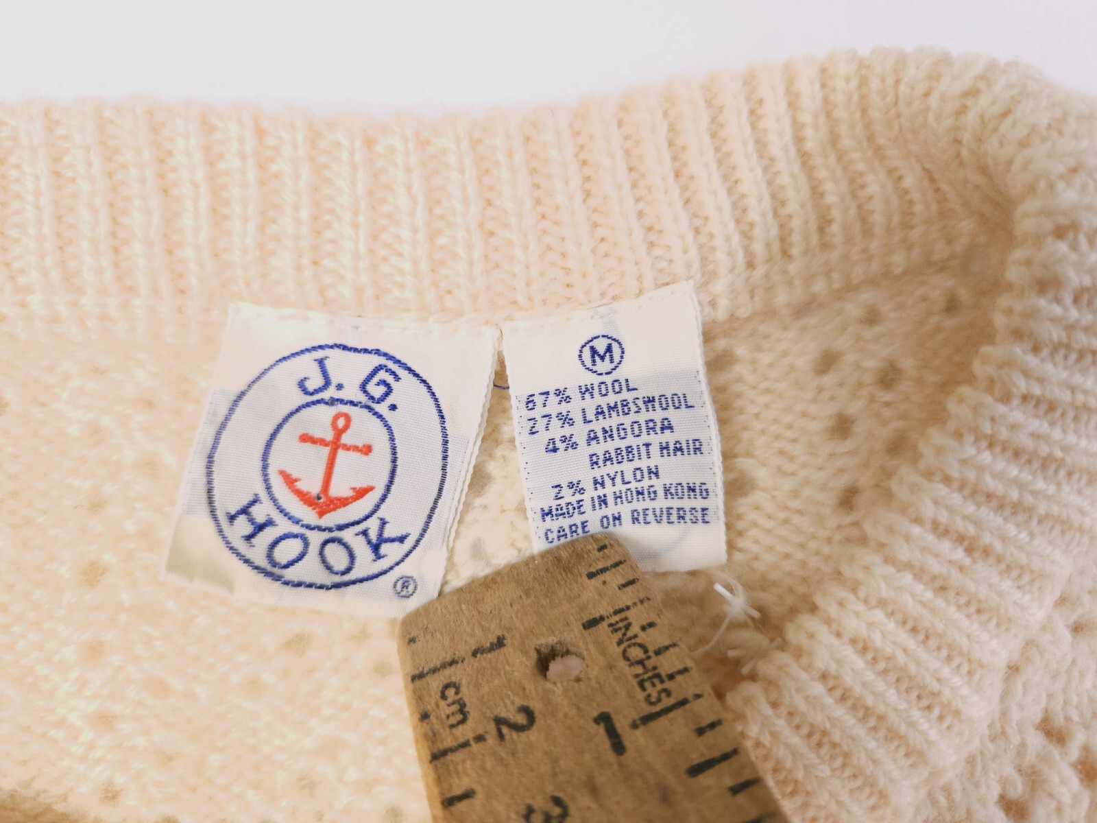 J.G. Hook Vintage Wool Cream Pointelle Needlepoint Embroidered Sweater Medium