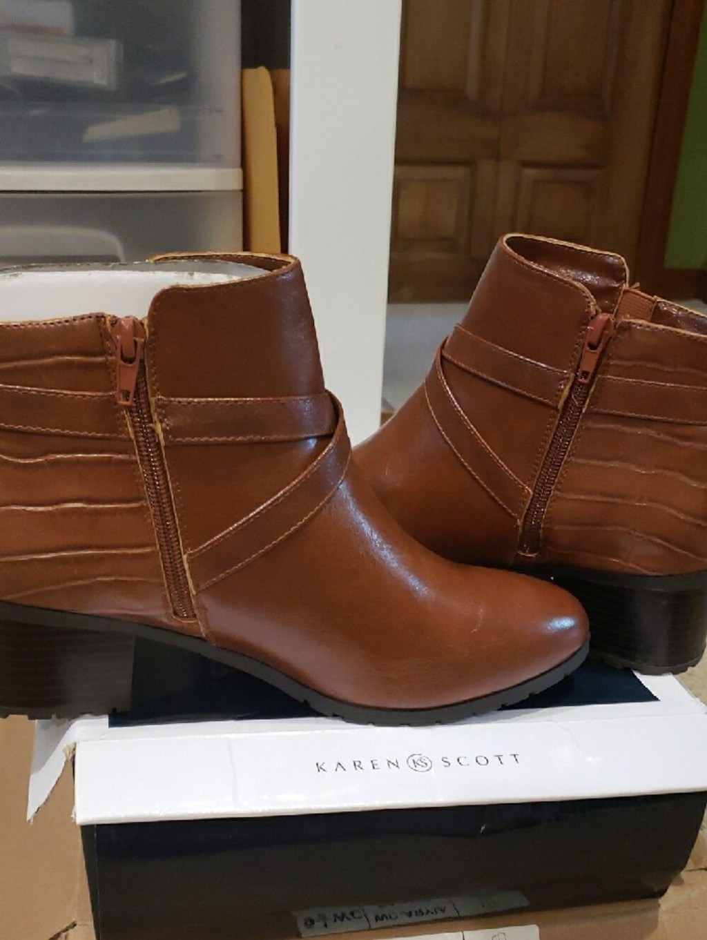 Karen Scott Tan Brown Leather Ankle Booties with Buckle Accent
