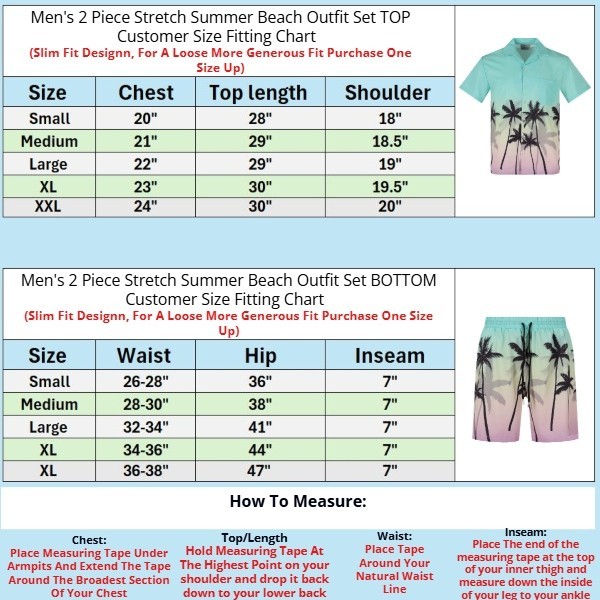 Men’s 2 Piece Matching Summer Hawaiian Beach Outfit Short Sleeve Set Sizes S-2XL