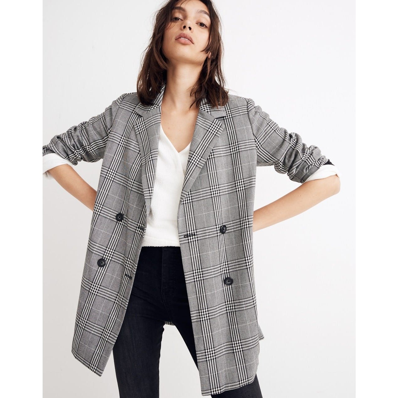 Madewell Caldwell Double Breasted Black White Glen Plaid Long Blazer Jacket Sm