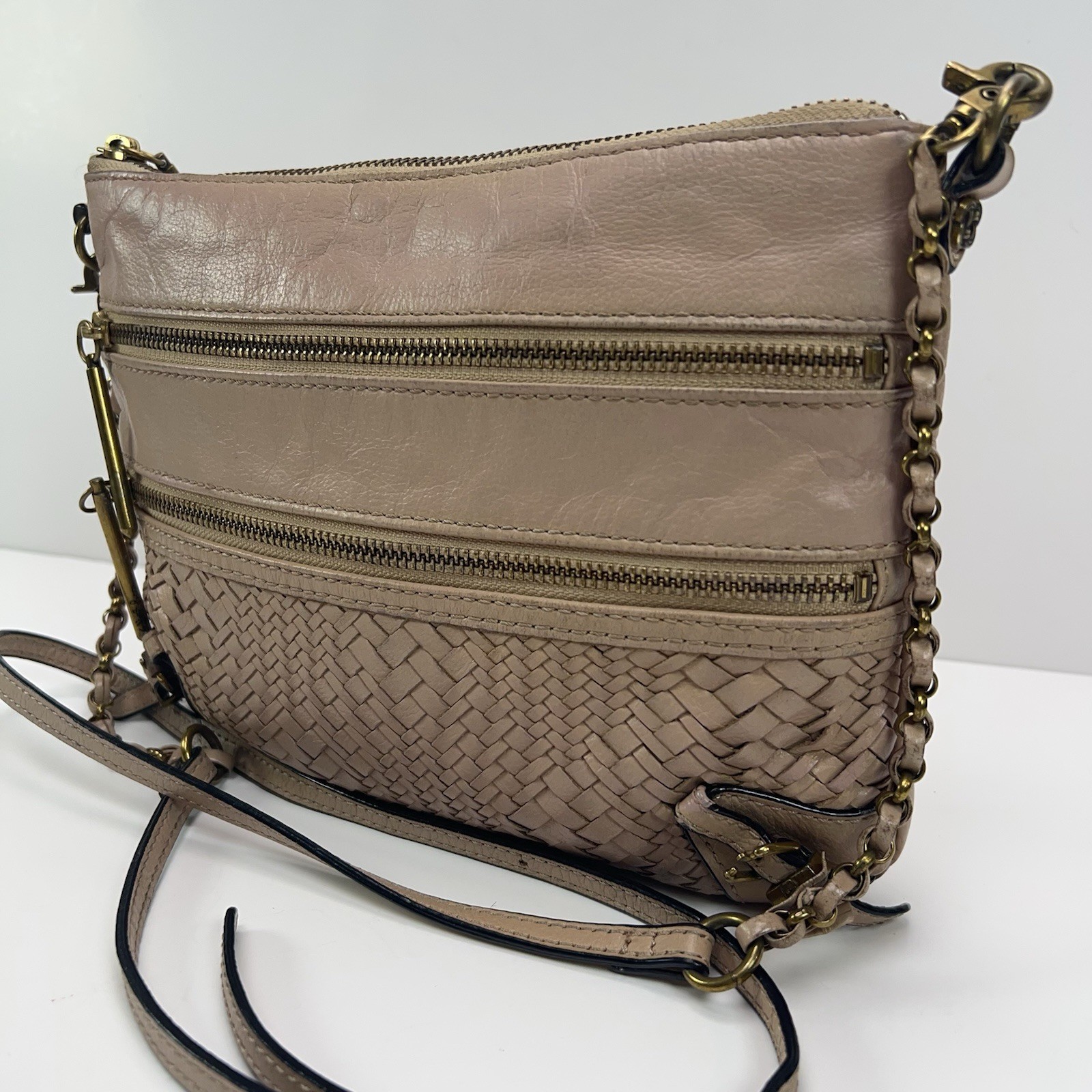 ELLIOTT LUCCA Messina Leather Crossbody Bag 3 Zip Basket Weave Purse Boho Nude
