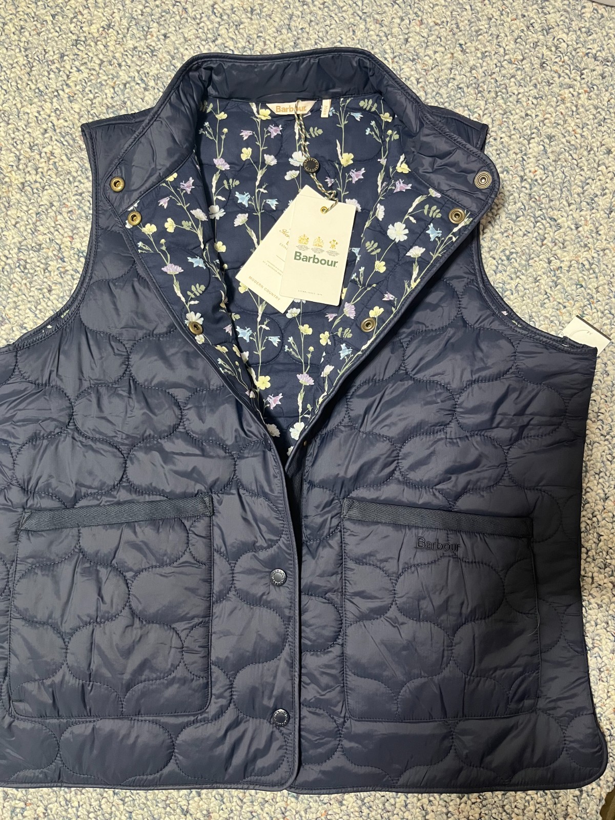Navy ~ BARBOUR LOLA Gilet Quilted Vest w/ English Floral Lining MSRP$260