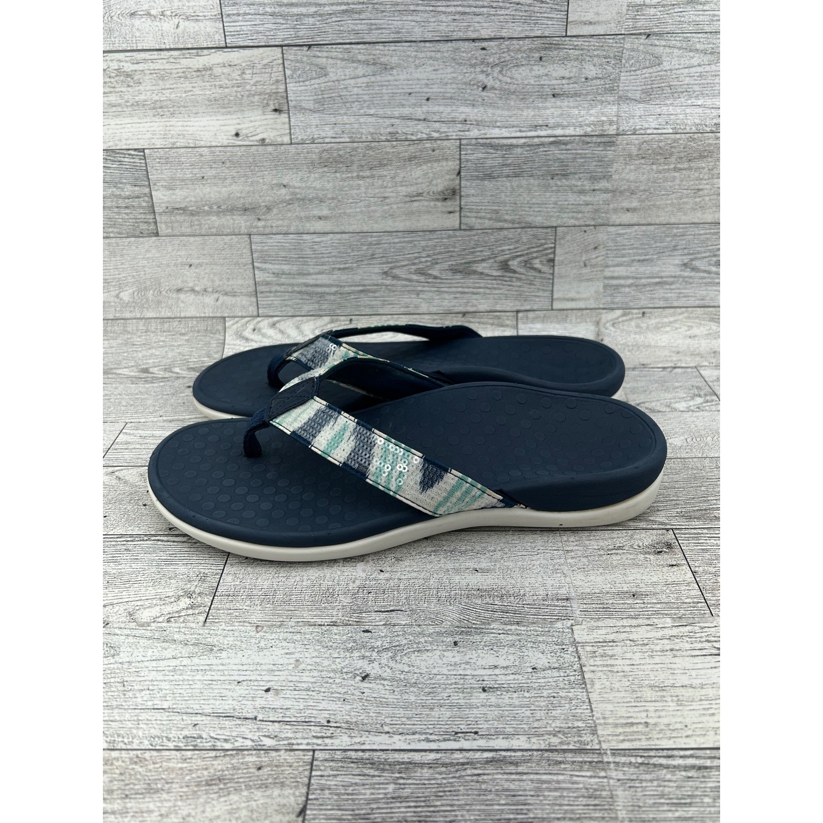 Vionic Tide Sequins Navy Blue Mint Orthotic Thong Sandals Women Size 6 44TIDESQ