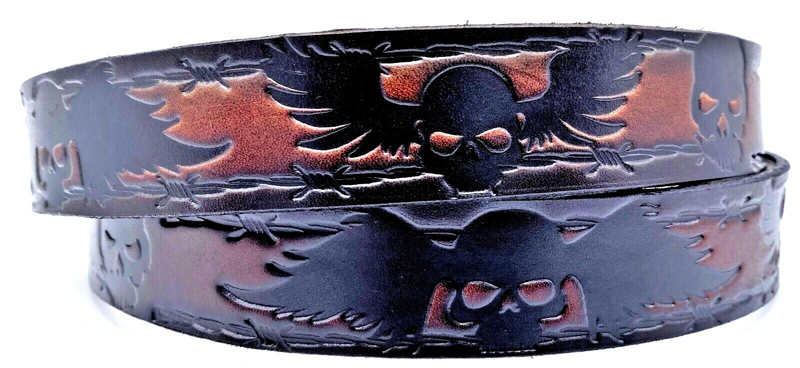 SKULL WITH WINGS EMBOSSED MOTORCYCLE COWHIDE LEATHER BELT SIZE 26-48 USA MADE