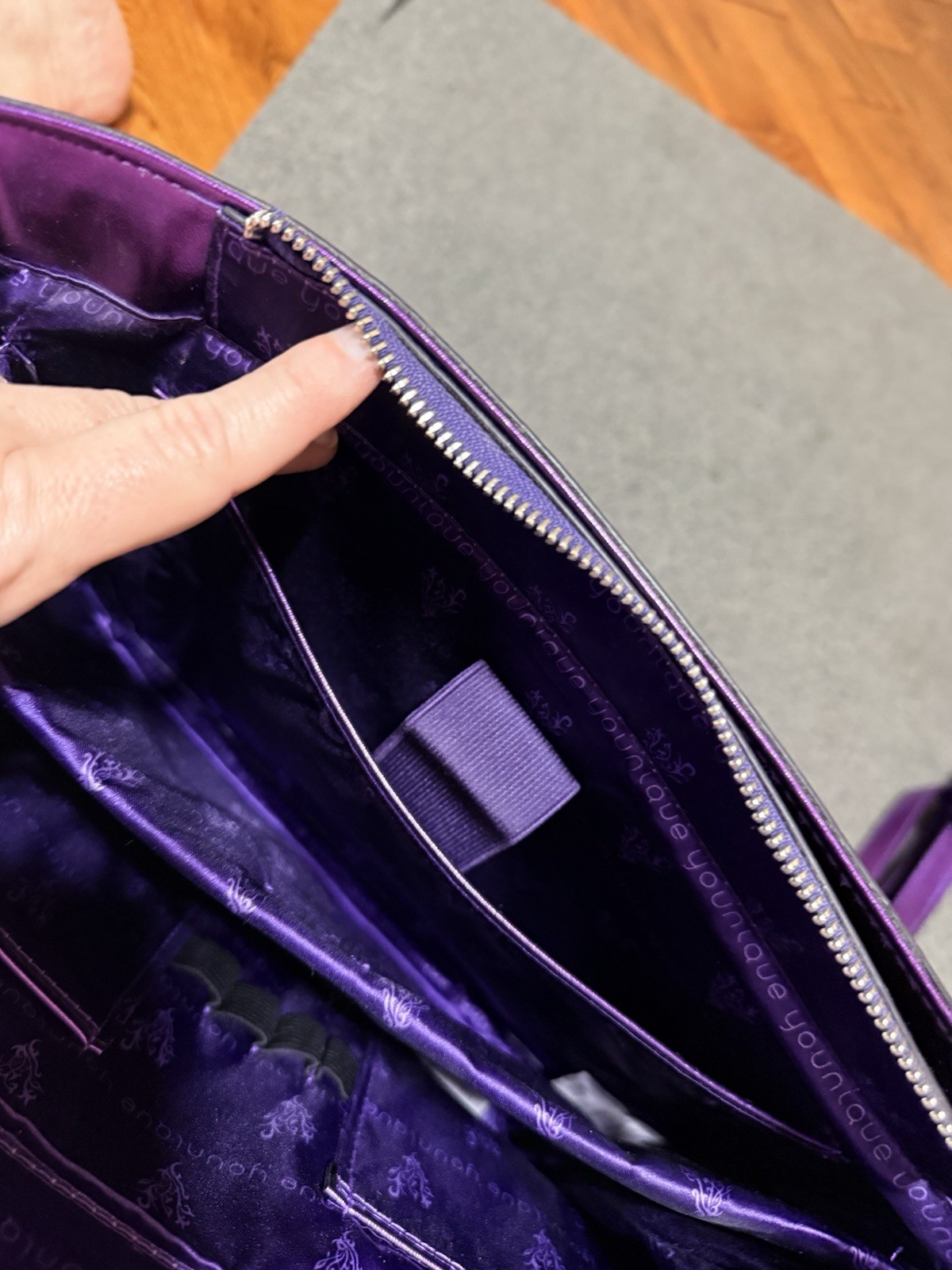 Younique Purple Metallic Satchel Top Handle Zip Bag w/ Detachable Strap Charm