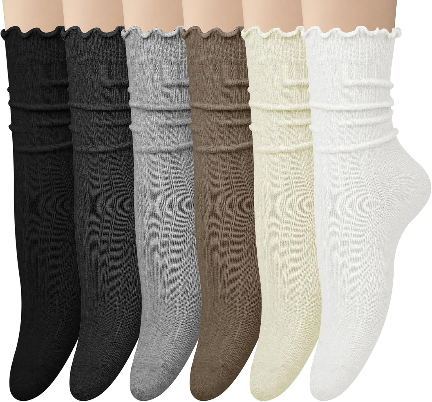 6 Pairs Womens Ruffle Socks Cute Frilly Cotton Turn Cuff Casual Crew Slouchy Soc