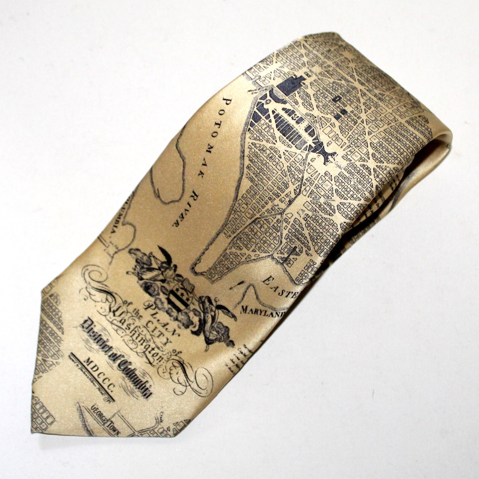 Museum Artifacts Necktie Washington DC Plan 1800 cream silk map vintage