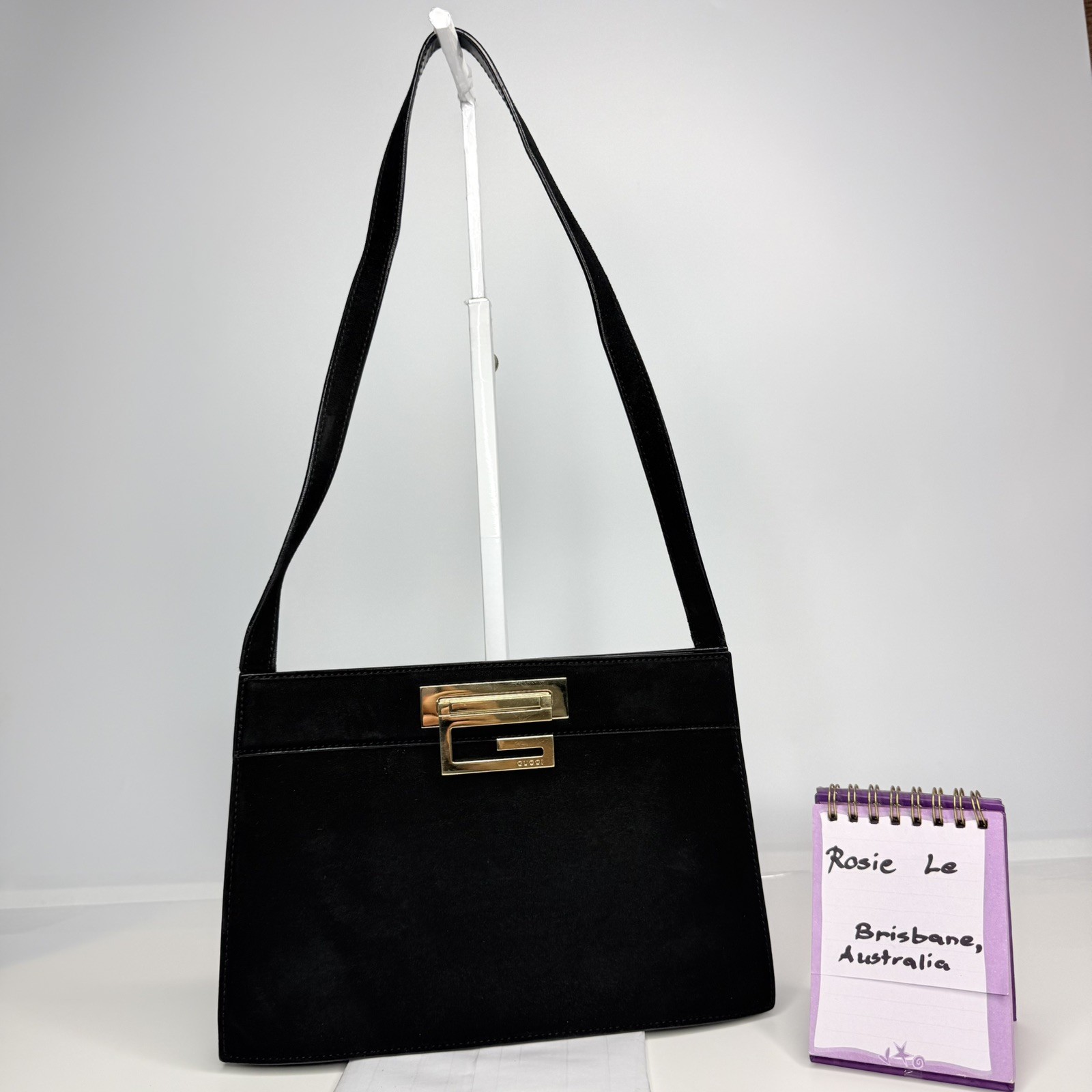 GUCCI Vintage G Square Logo Shoulder Bag Handbag Black Gold Suede Leather