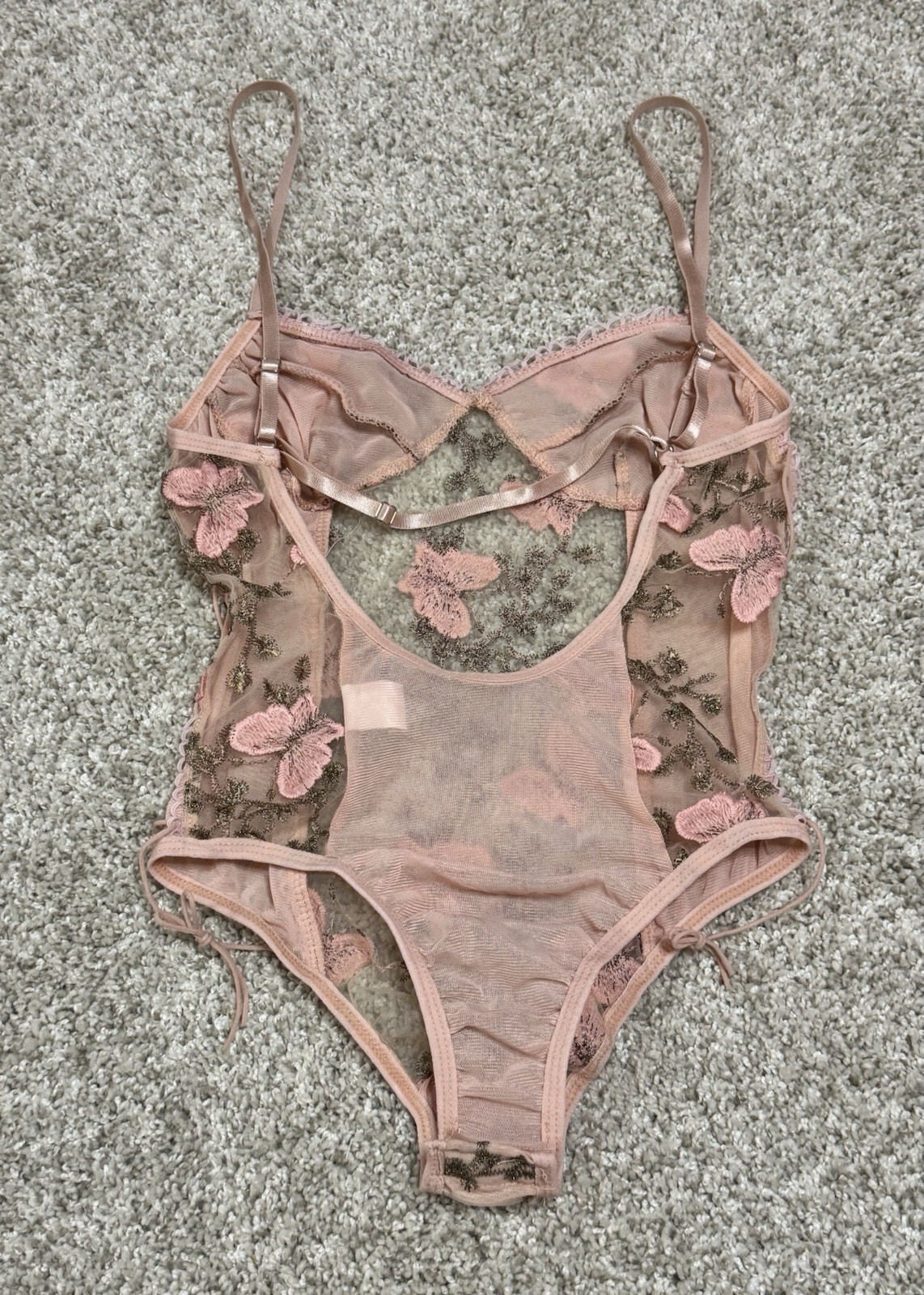 Sexy Butterfly Embroidered Mesh Lace-Up Teddy Bodysuit Pink Floral Size Small