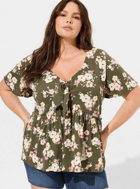 Torrid Green Floral Knit Tie-Front V-Neck Short Sleeve Cotton Blouse 2X