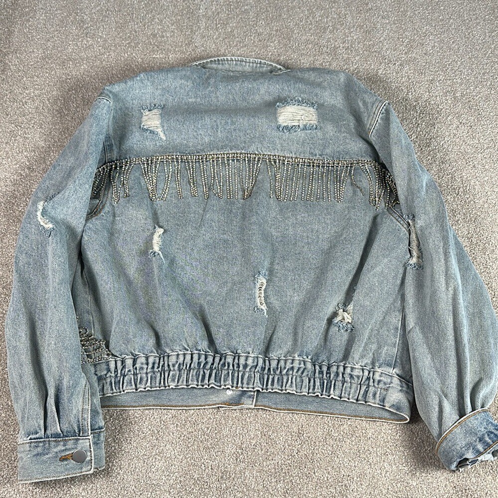 Distressed, rhinestone, fringe, jean jacket, grunge, punk band rock