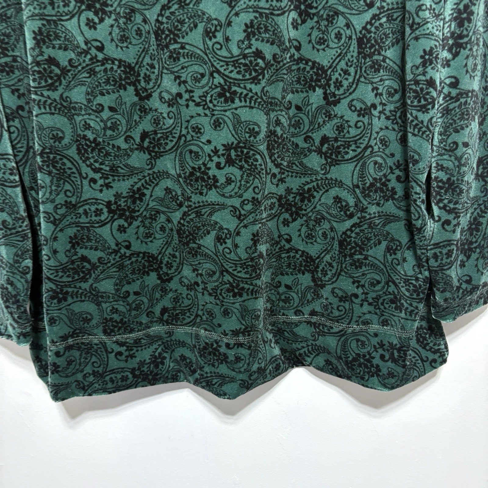 Woman Within Tunic Womens 14 16 Green Damask Velour 3/4 Sleeve Pullover Holiday