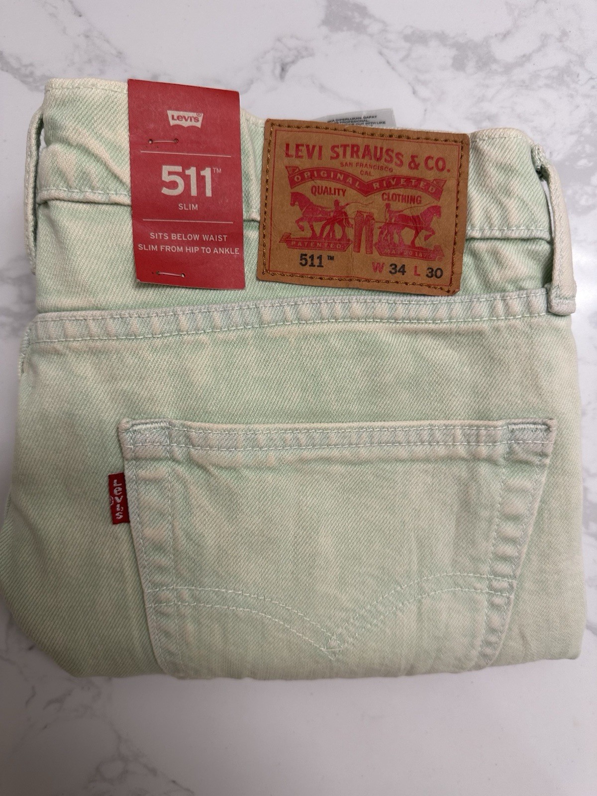 Levi’s Men’s Green Denim Jeans 34×30 Slim Fit Low Rise Light Wash 5-Pocket