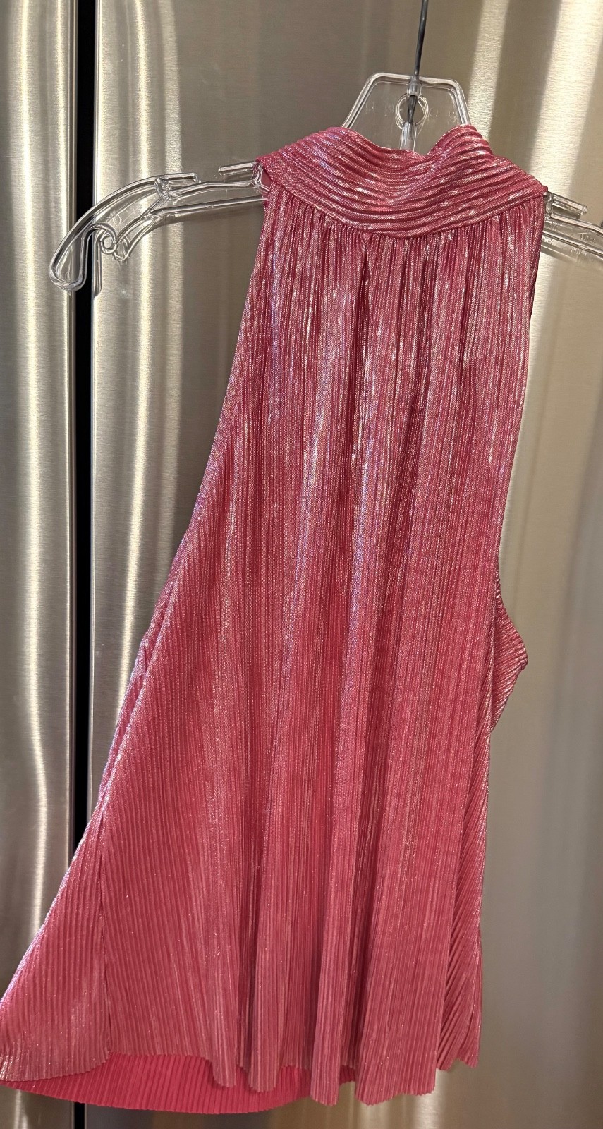 CECE Pink Metallic Pleated Halter Shimmer Party Date Nite Top with Back Bow Sz L