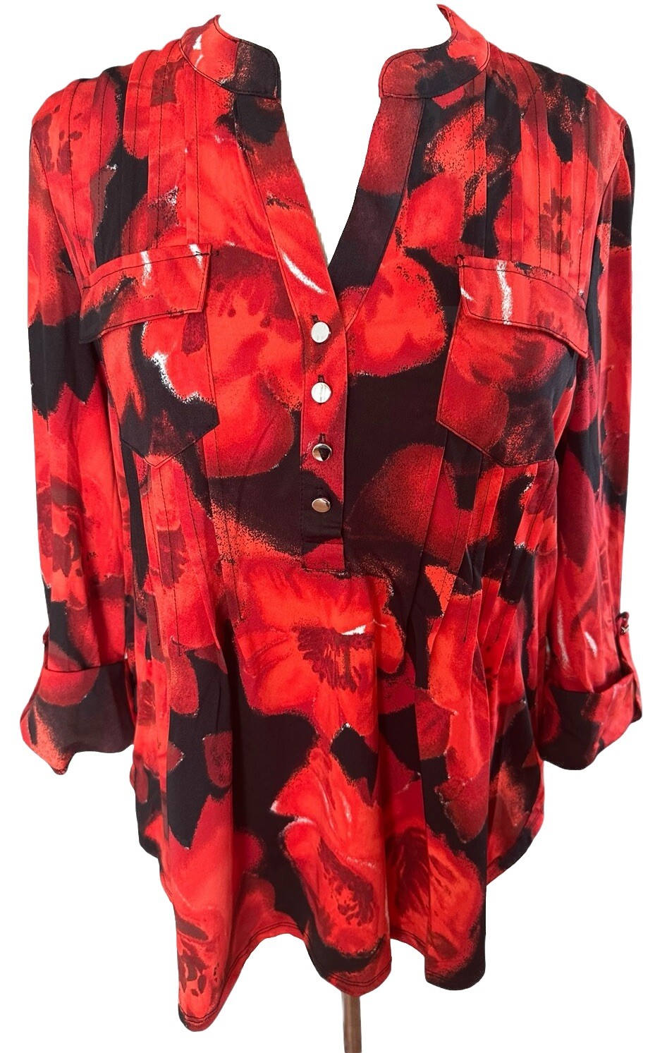 COCOMO XL Orange Red Black 3/4 sleeve women’s Pintuck Blouse Tunic shirt