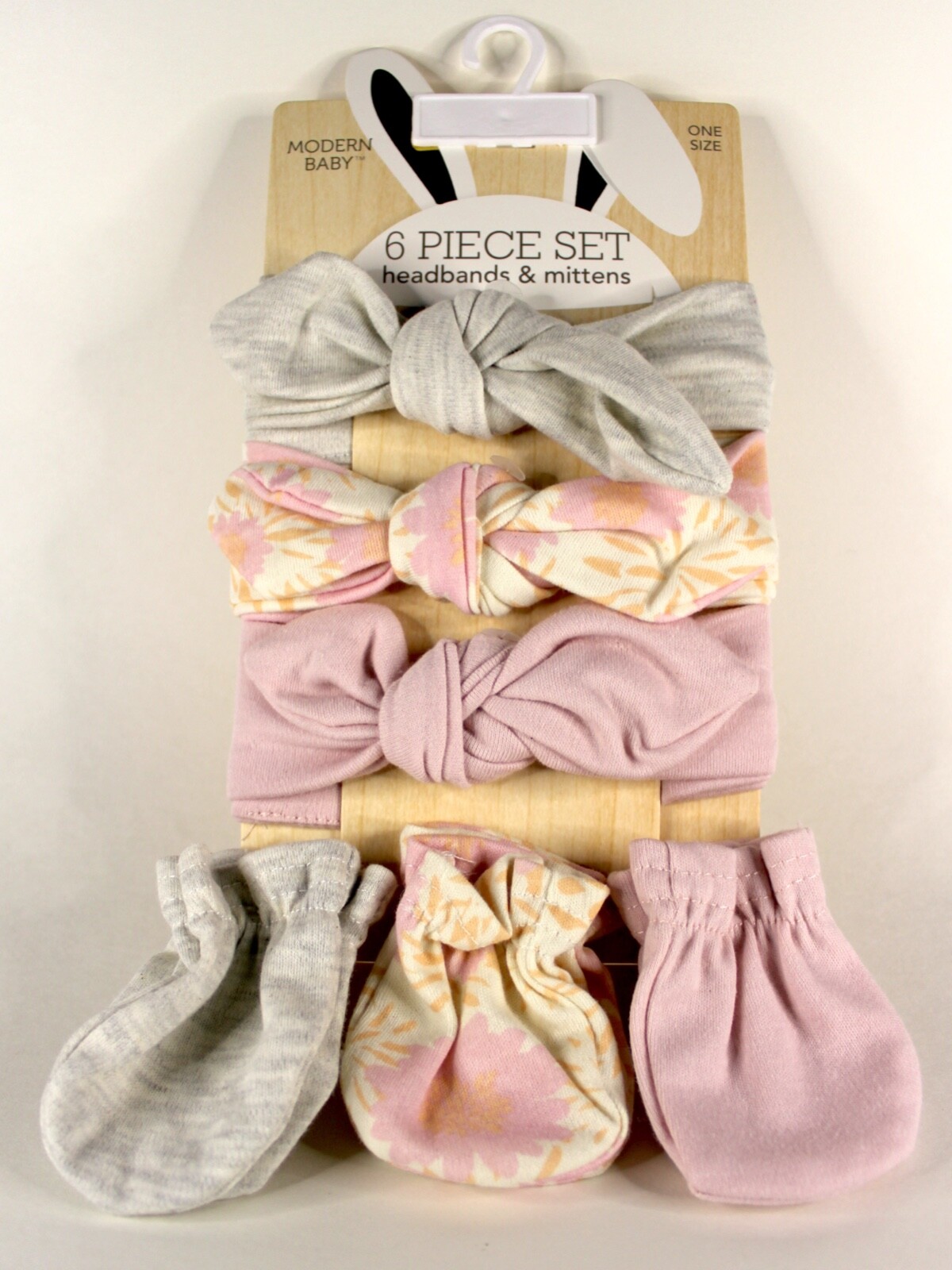 Modern Baby 6 piece set headbands and mittens, 3 matching headbands and mittens