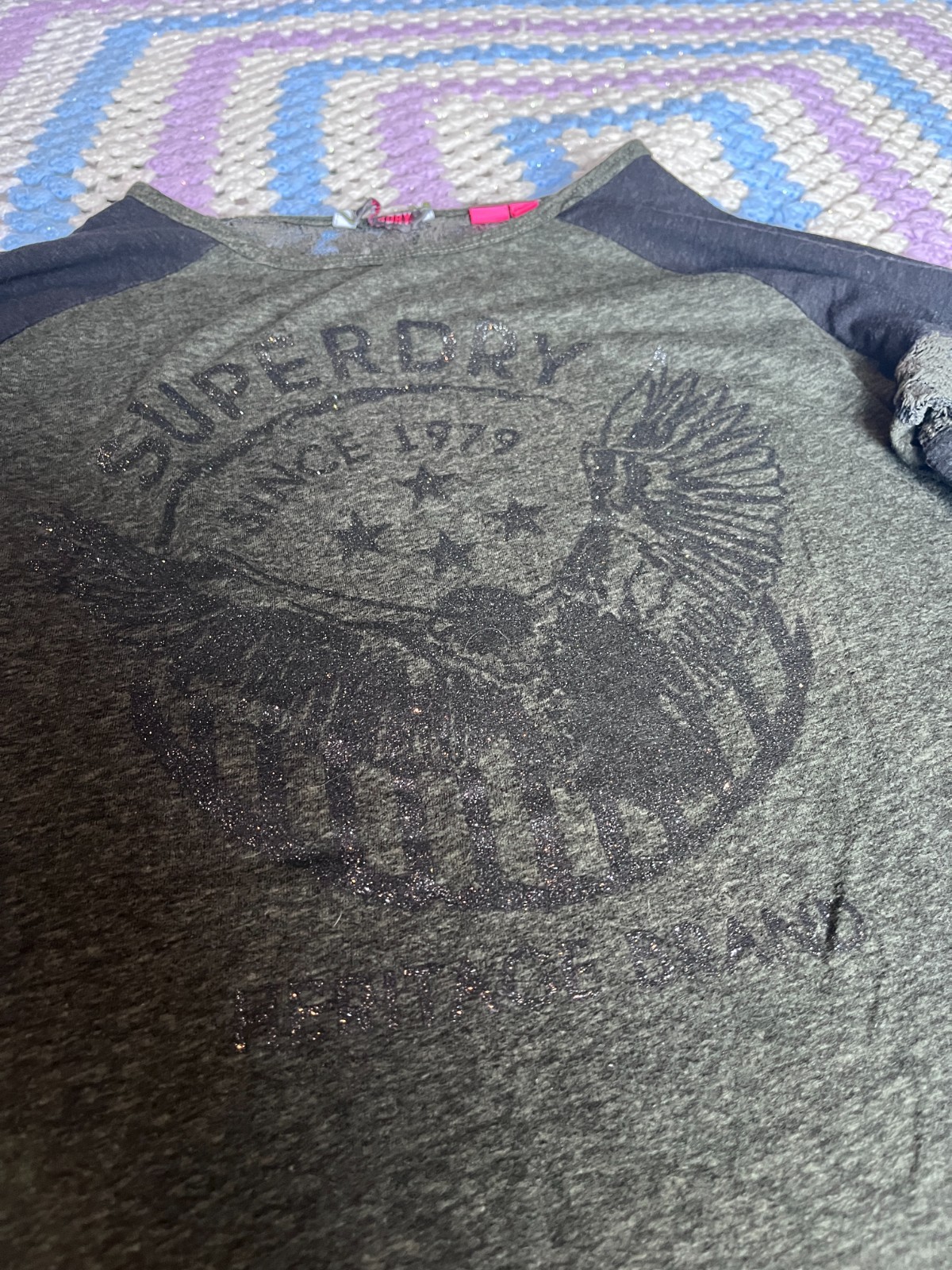 SUPERDRY DARK GREEN AND BLACK LONG SLEEVED TOP WITH LACE CUT OUTS