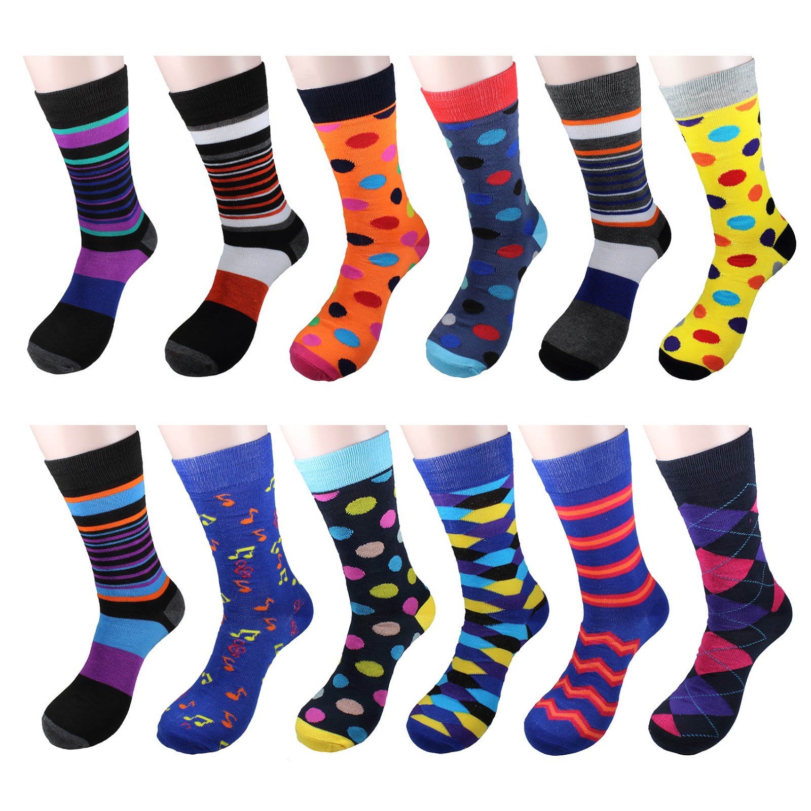 men’s Funky Fashion Dress Socks Casual Cotton 12 Pairs size 10-13