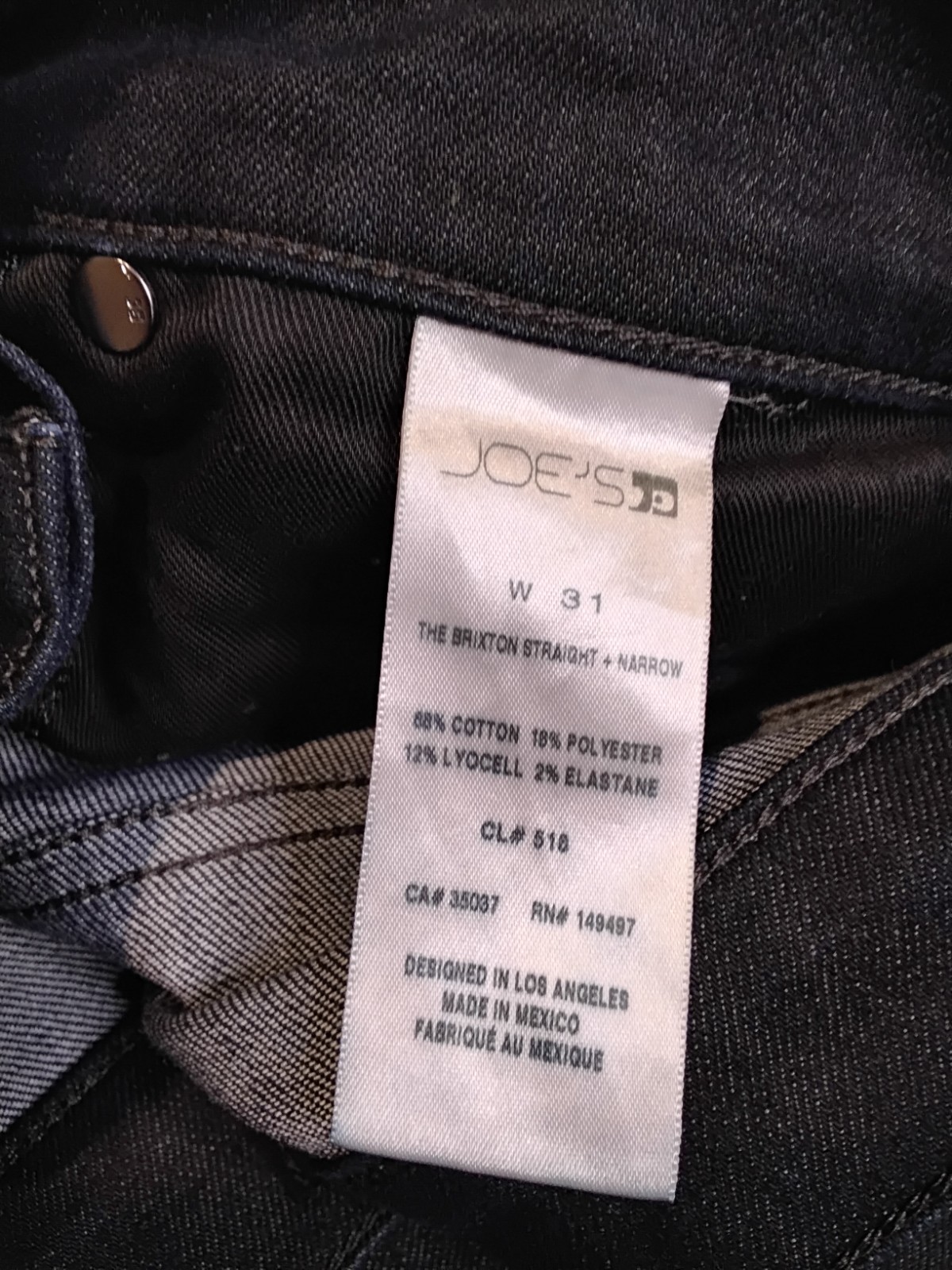 Joe’s The Brixton Straight And Narrow Mens Jeans Sz 31 Black Denim.