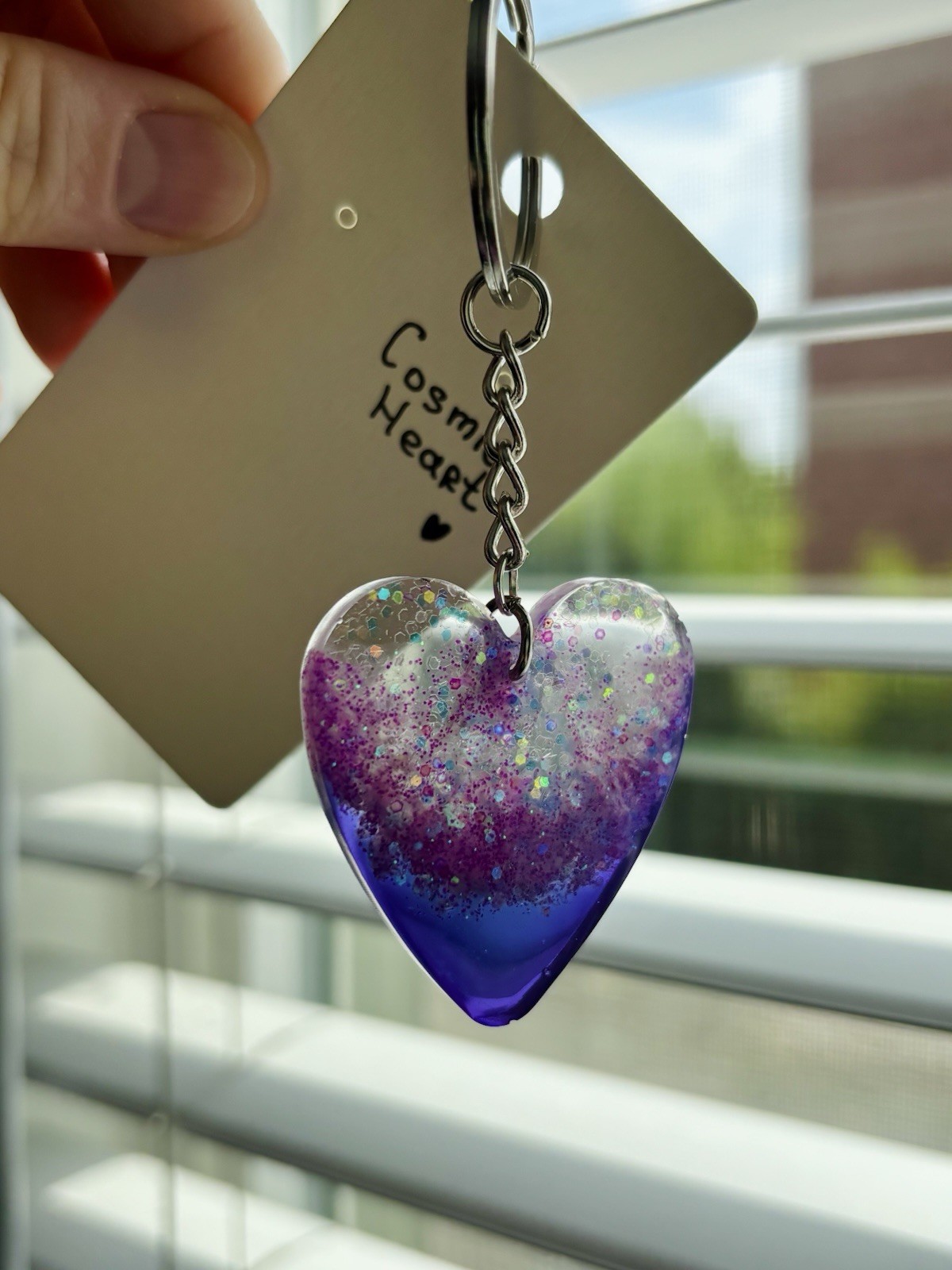 Cosmic Heart Resin Heart Keychain Handmade Purple Pink Glitter Galaxy Bag Charm