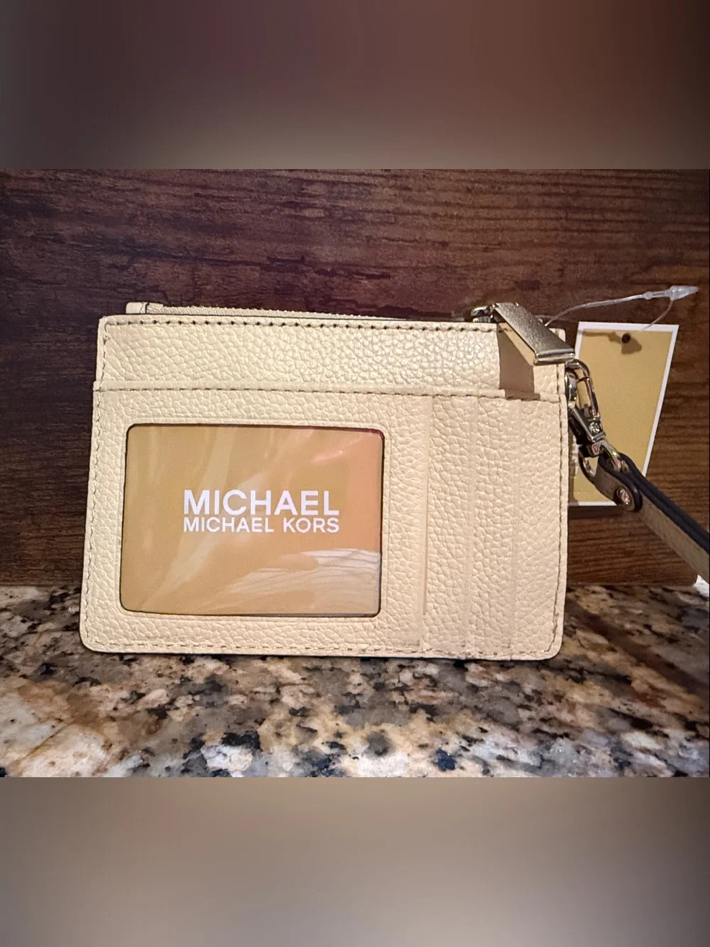 Michael Kors Buttermilk Pebbled Leather Wristlet with Gold Hardware