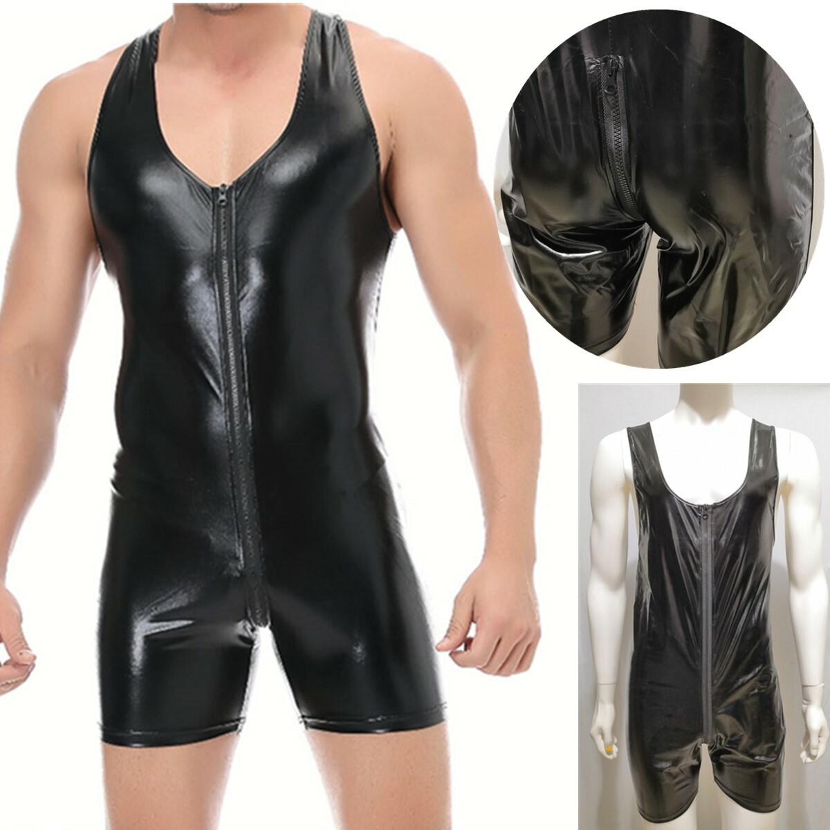 Mens PU Leather Zip Crotch Bodysuit Jumpsuit Wrestling Singlet Leotard Shorts