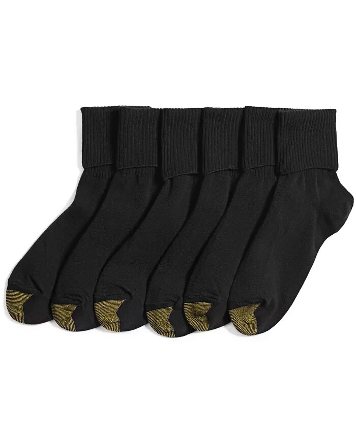 6 Pairs Gold Toe Casuals Women’s Turn Cuff Crew Socks Black Size 6-9